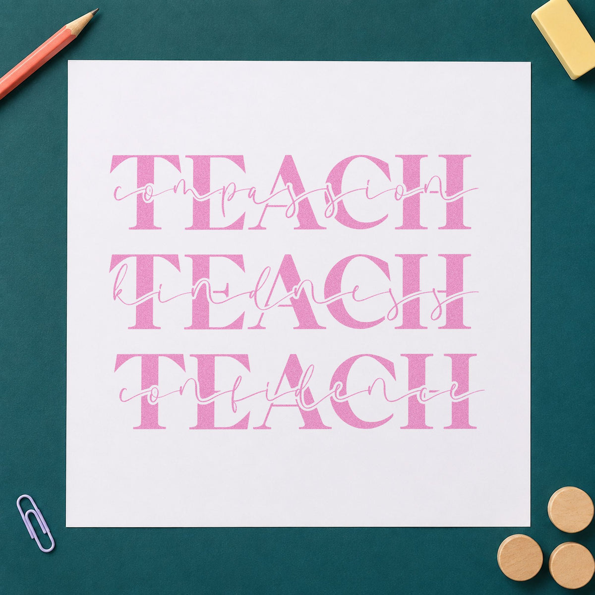 Teach Compassion Kindness Confidence craft stamp in purple ink on cardstock, an easy option for ethos launch tags.