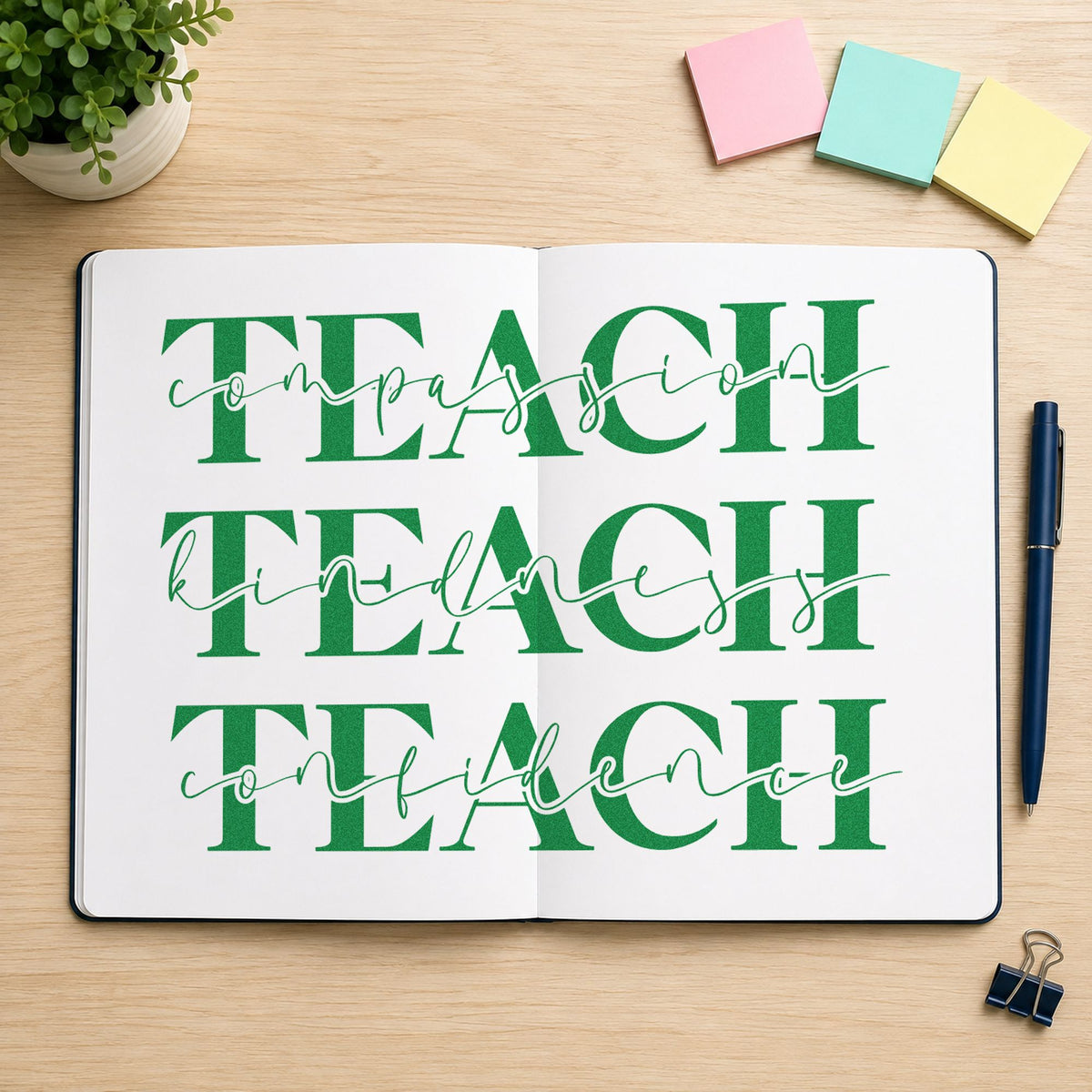 Teach Compassion Kindness Confidence craft stamp imprint in green ink on a handmade project, one idea being values sheet pages.