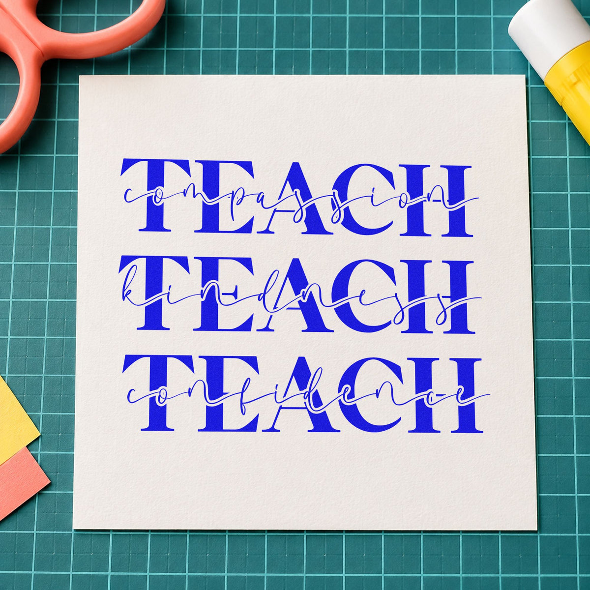 Teach Compassion Kindness Confidence craft stamp in blue ink on cardstock, an easy option for lanyard card panels.
