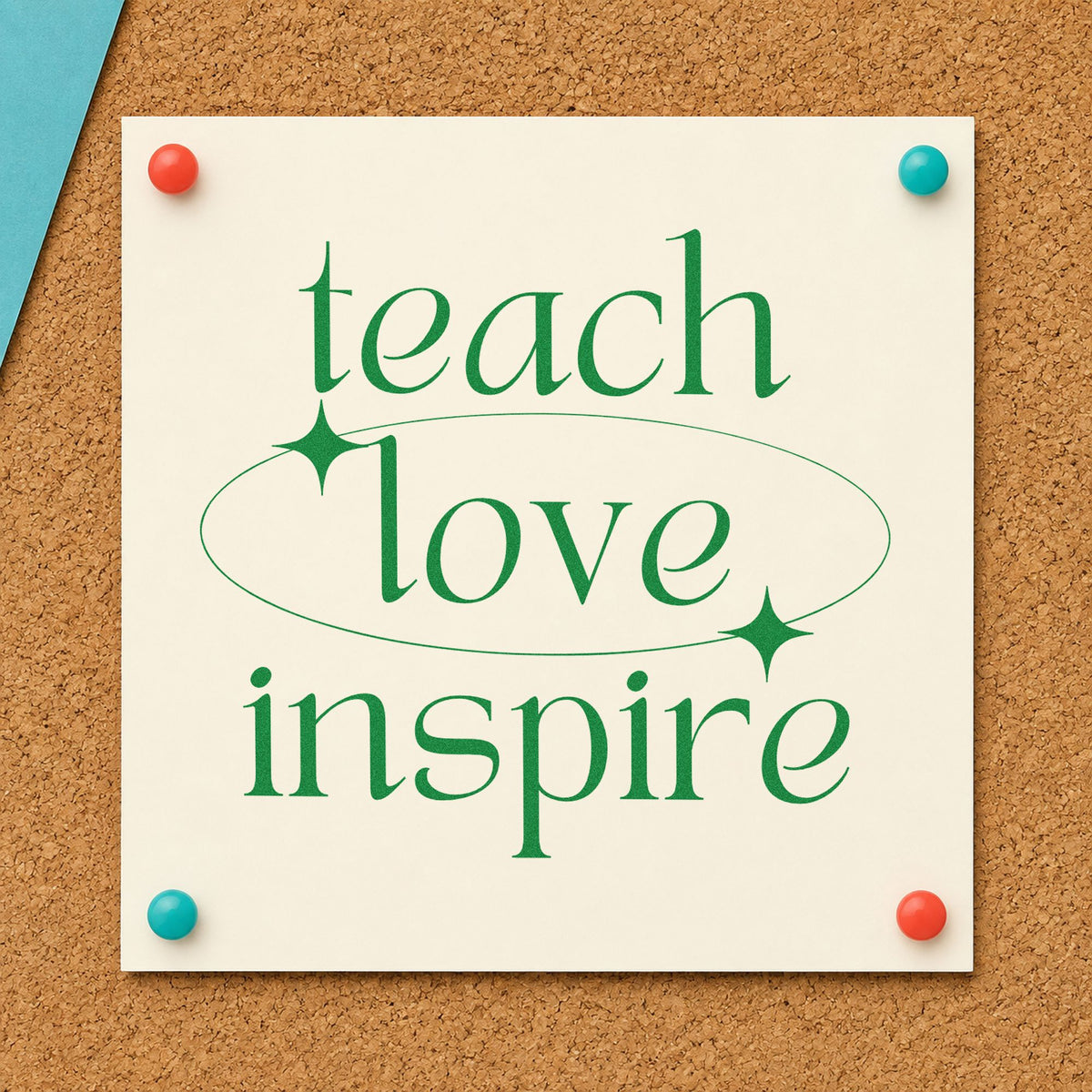 Teach Love Inspire Orbit craft stamp imprint in green ink on a handmade project, one idea being lab book pages.