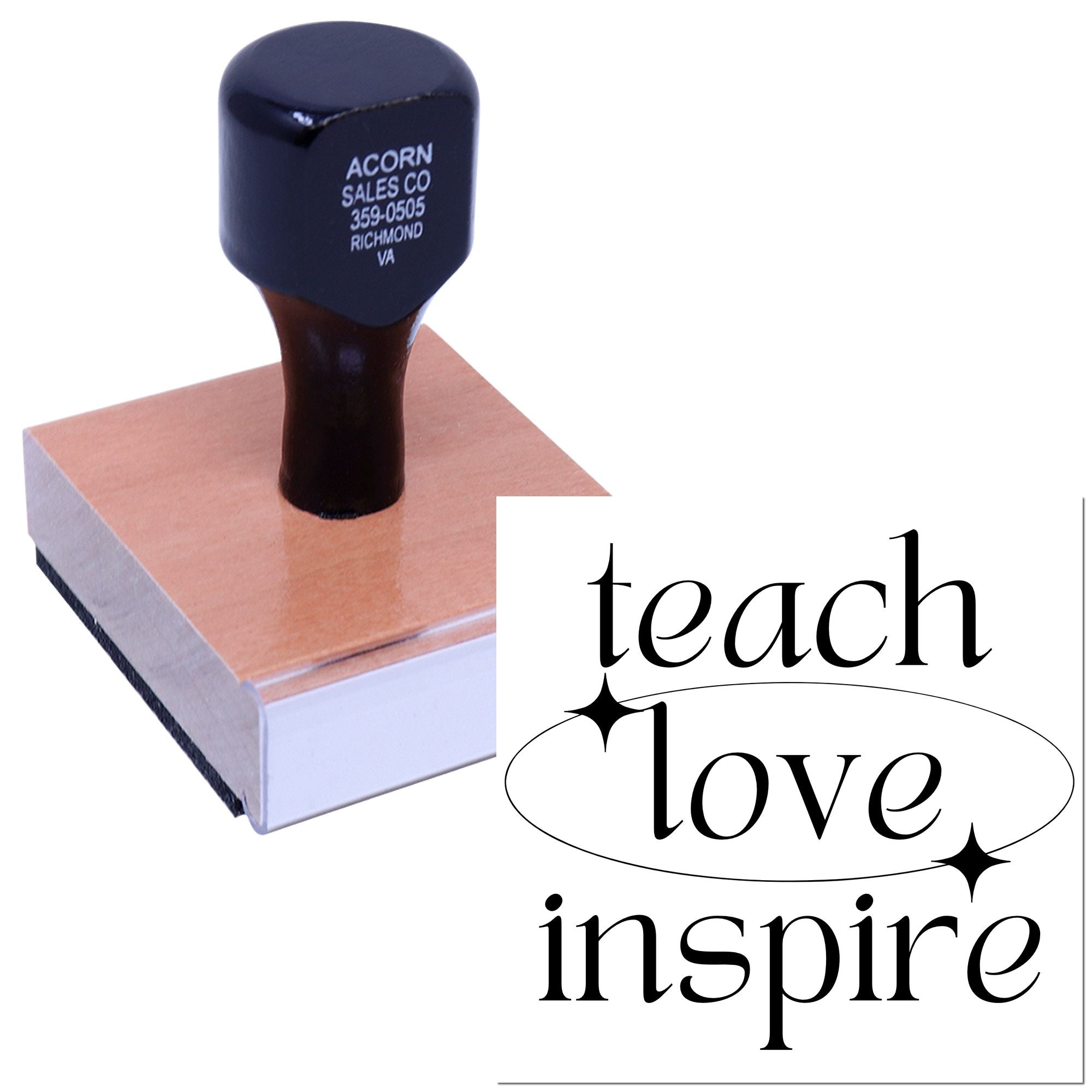 Teacher appreciation rubber stamp with teach, love, inspire design for classroom crafts, gifts, and educator projects.