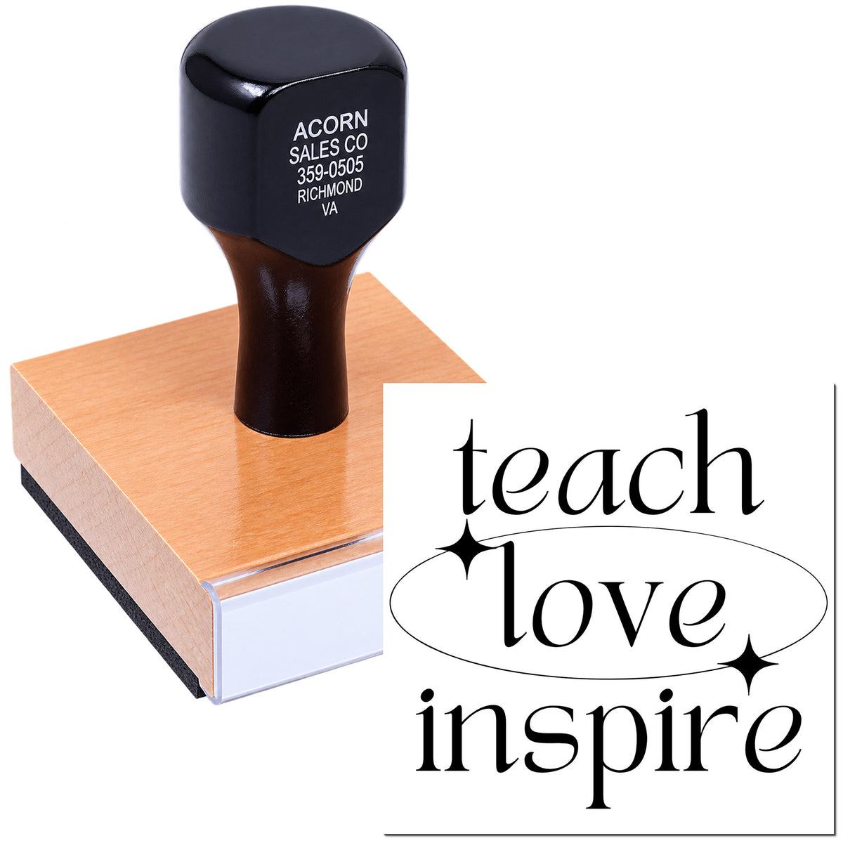 Teacher appreciation rubber stamp with teach, love, inspire design for classroom crafts, gifts, and educator projects.