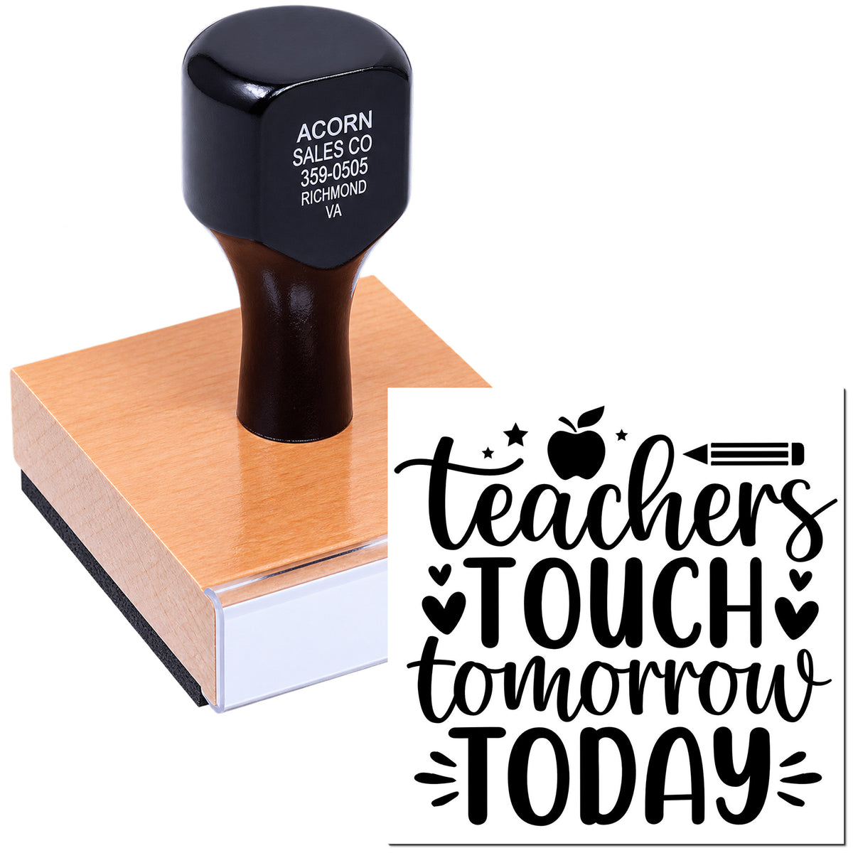 Teacher rubber stamp with Teachers Touch Tomorrow Today design, apple and pencil icon for classroom gifts and paper crafts.