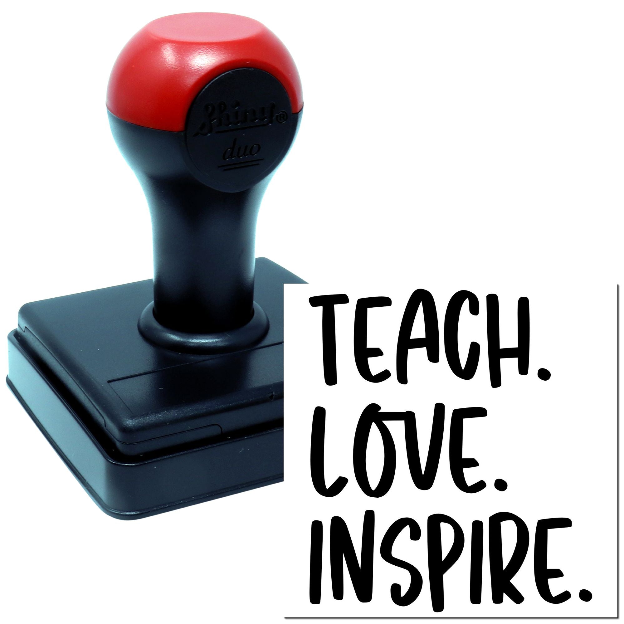 Custom rubber stamp with Teach. Love. Inspire. message for teacher crafts, classroom projects, and inspirational stamping.