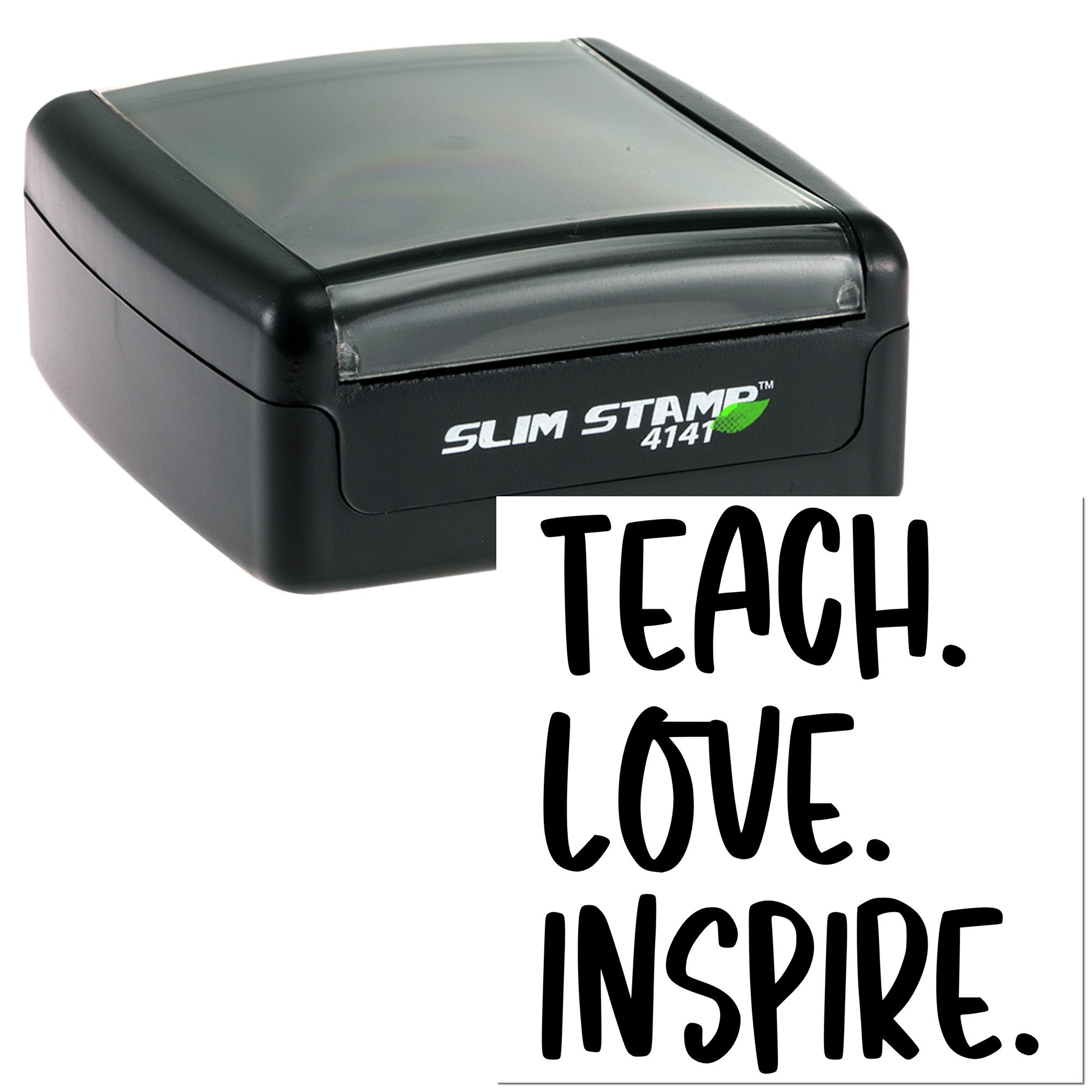 Teacher self-inking rubber stamp with Teach. Love. Inspire. design, ideal for classroom grading and custom teacher crafts.
