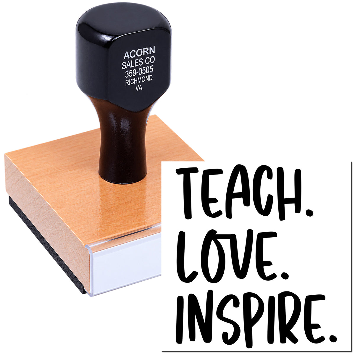Custom teacher rubber stamp pressing on notepad with Teach. Love. Inspire. inspirational classroom design.
