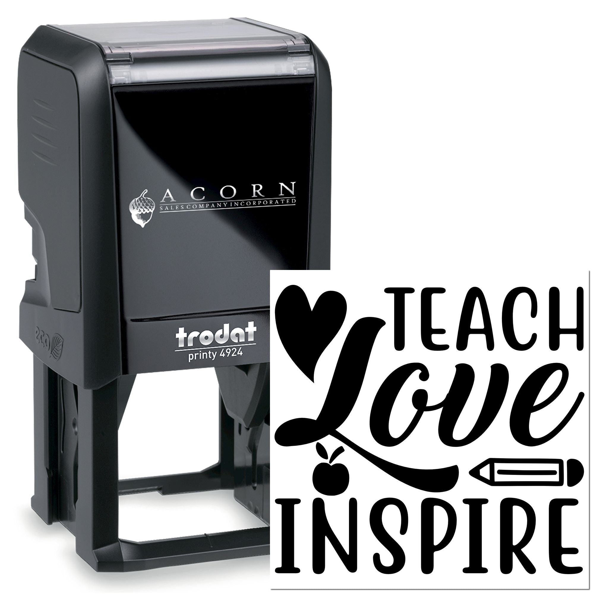 Self-inking teacher rubber stamp with I love teach love inspire design for classroom grading, rewards, and crafts.