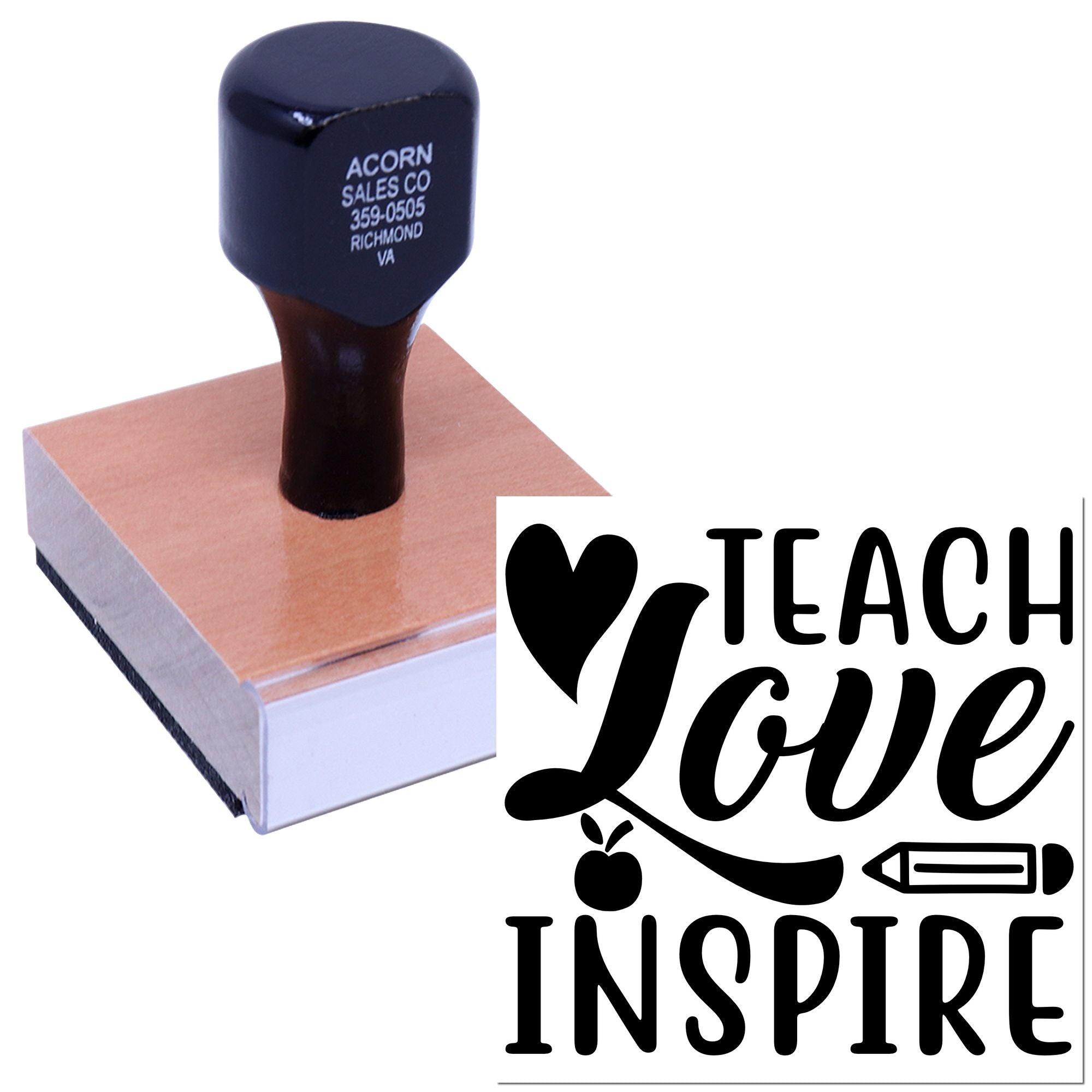 Teacher appreciation rubber stamp design reading I Heart Teach Love Inspire for classroom or gift projects.