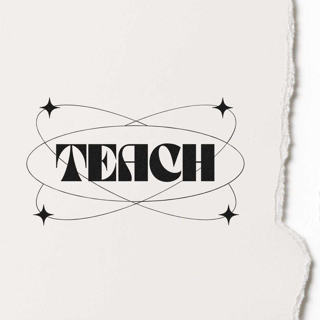 TEACH rubber stamp with vintage orbit and star design for teacher-themed crafts, stationery, and classroom branding.