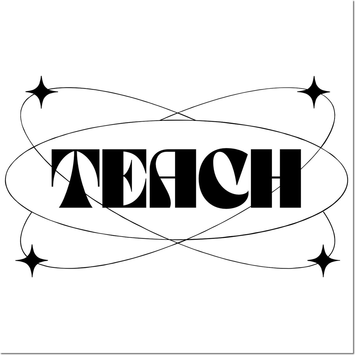 Teach teacher rubber stamp design with bold retro lettering and decorative starburst orbit frame.