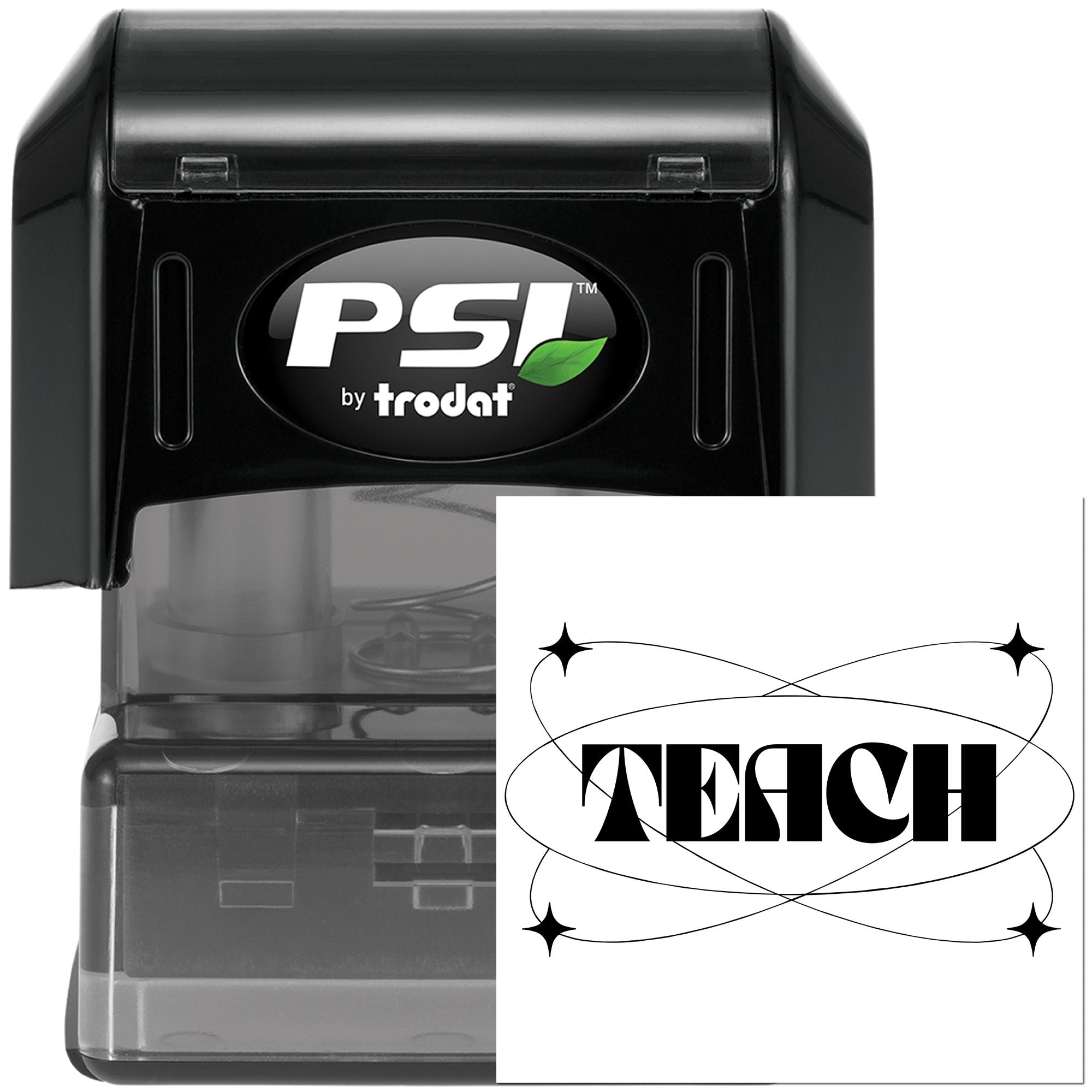PSI by Trodat self-inking rubber stamp with custom TECH imprint and decorative border, ideal for office branding.
