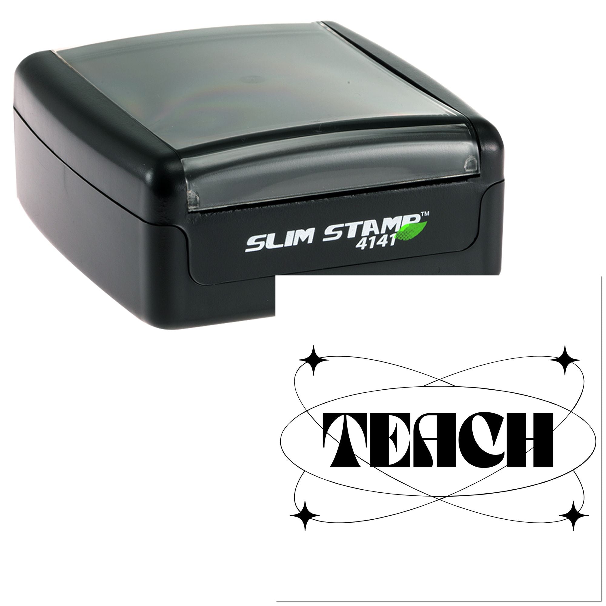 Slim self-inking rubber stamp with TEACH imprint for classroom or office use