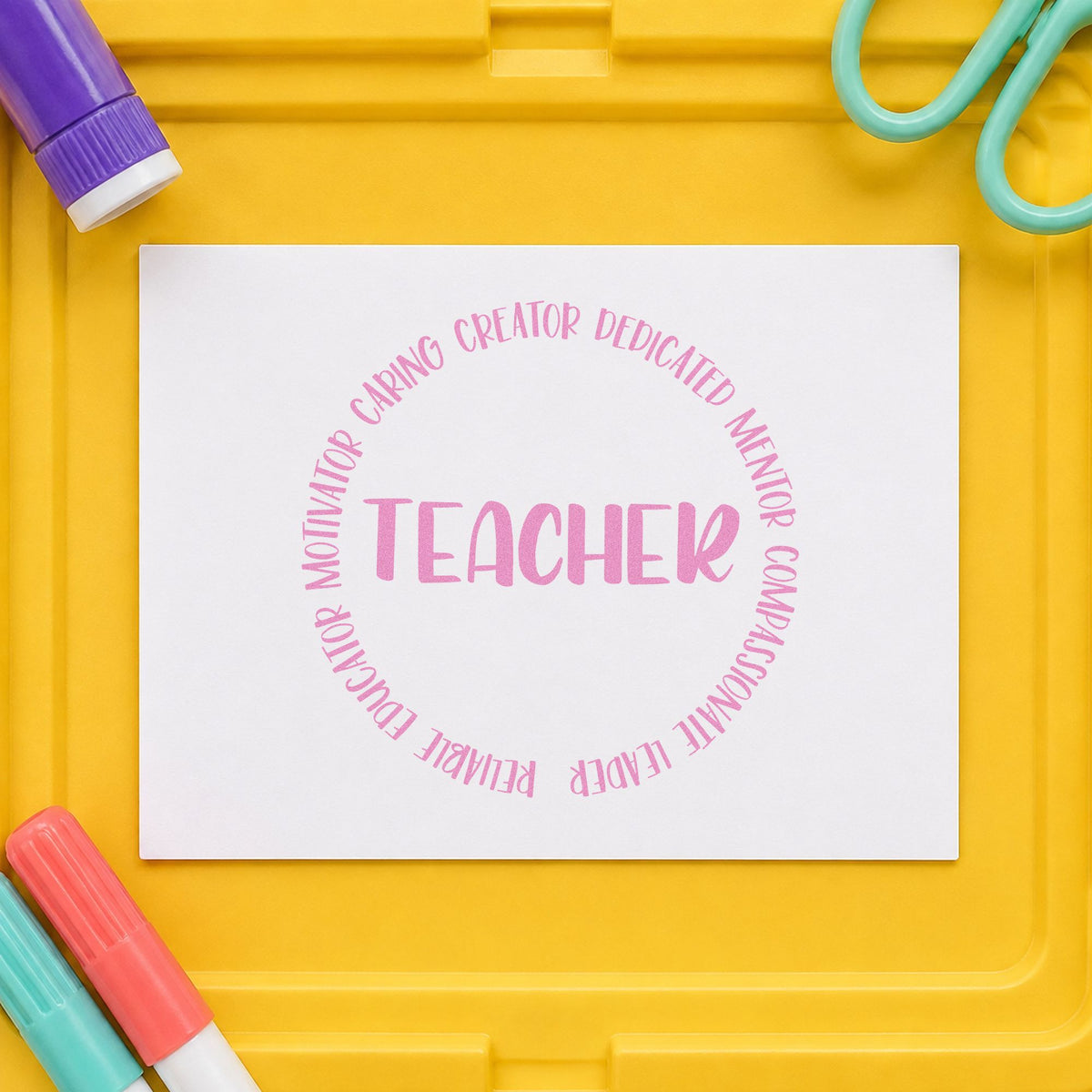 Teacher Circular Qualities craft stamp in purple ink on cardstock, an easy option for job share tags.
