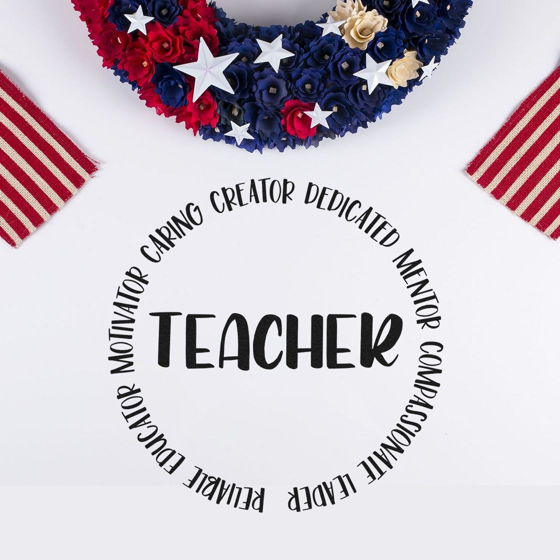 Teacher appreciation rubber stamp design with motivational words around bold TEACHER text, ideal for classroom crafts and cards.