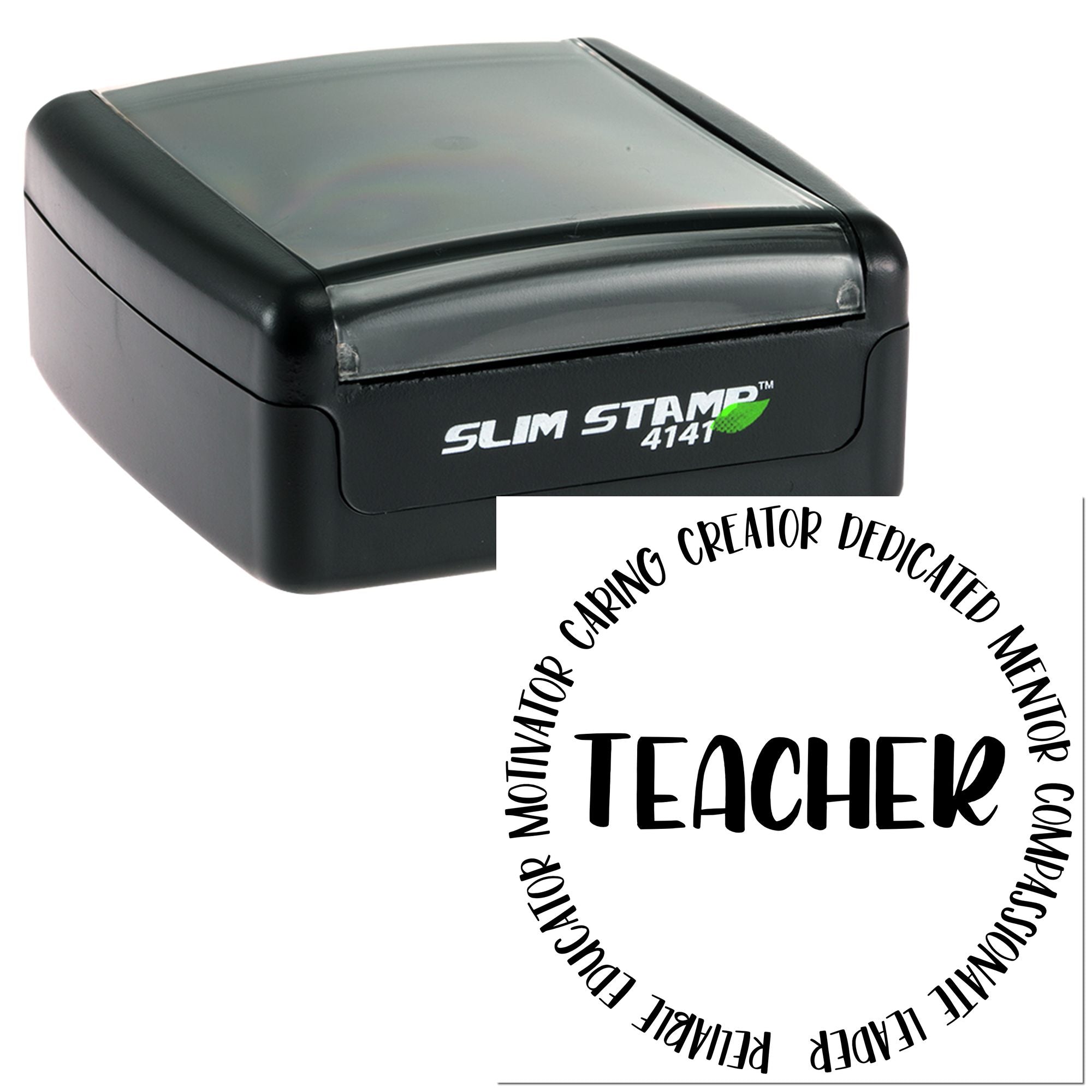 Slim Stamp 4141 self-inking rubber stamp with custom Teacher imprint for educators, mentors, and classroom recognition.
