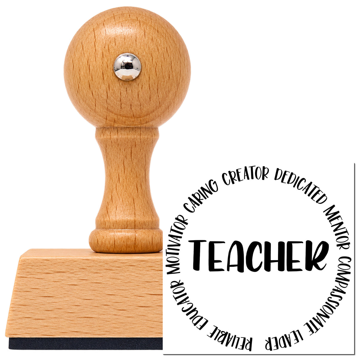 Teacher Circular Qualities Vintage Pro rubber stamp in European beech wood with a round knob handle, shown beside its black imprint.