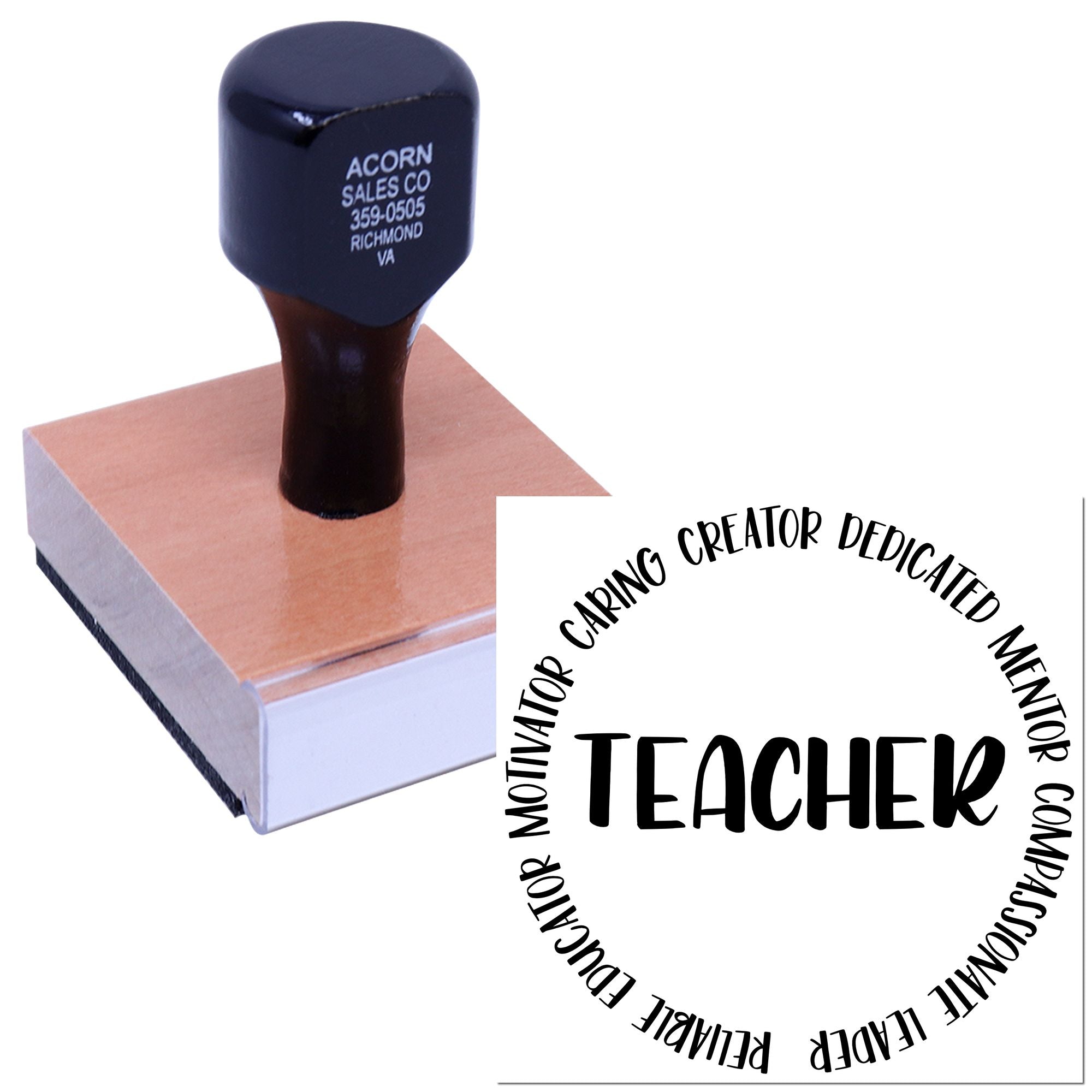Custom teacher appreciation rubber stamp for classroom use, featuring a TEACHER design with motivational words around it.
