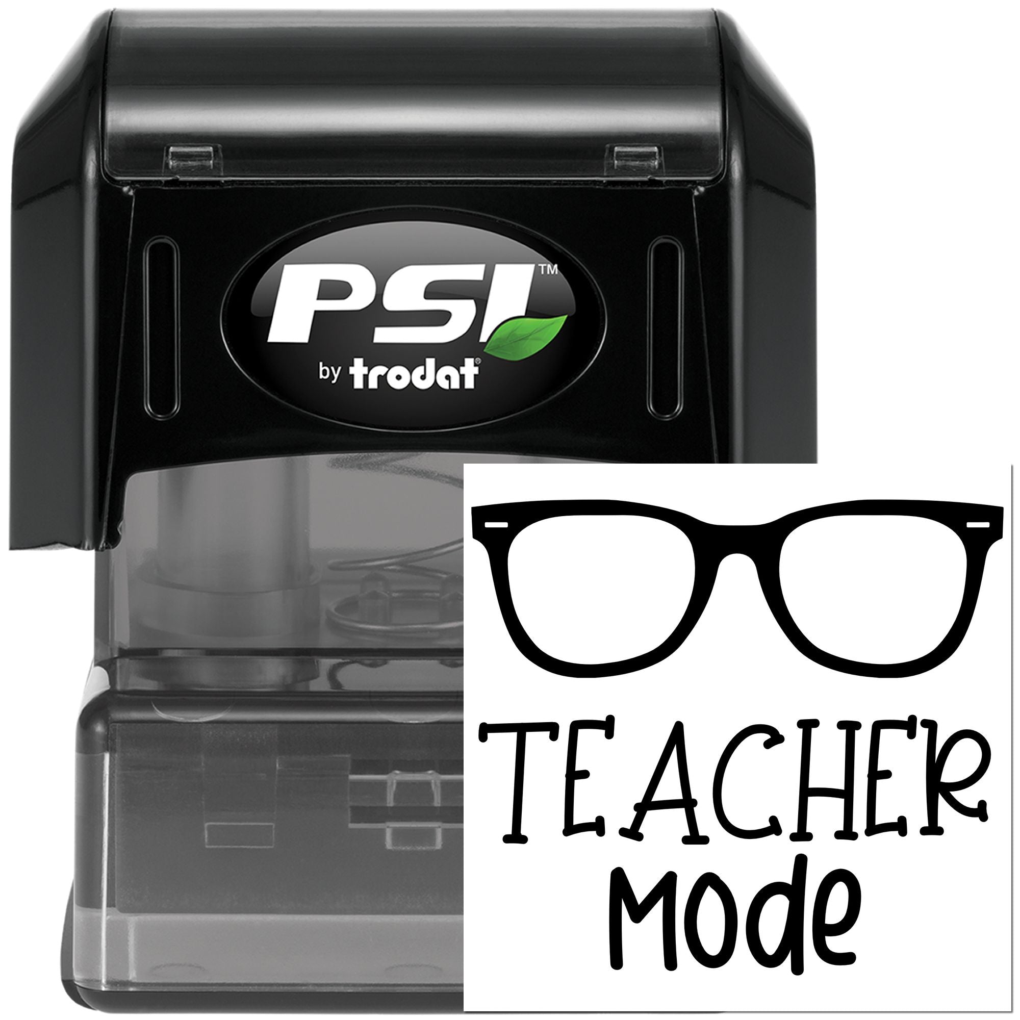 PSI by Trodat self-inking teacher stamp with glasses icon and Teacher Mode text for classroom grading and marking.