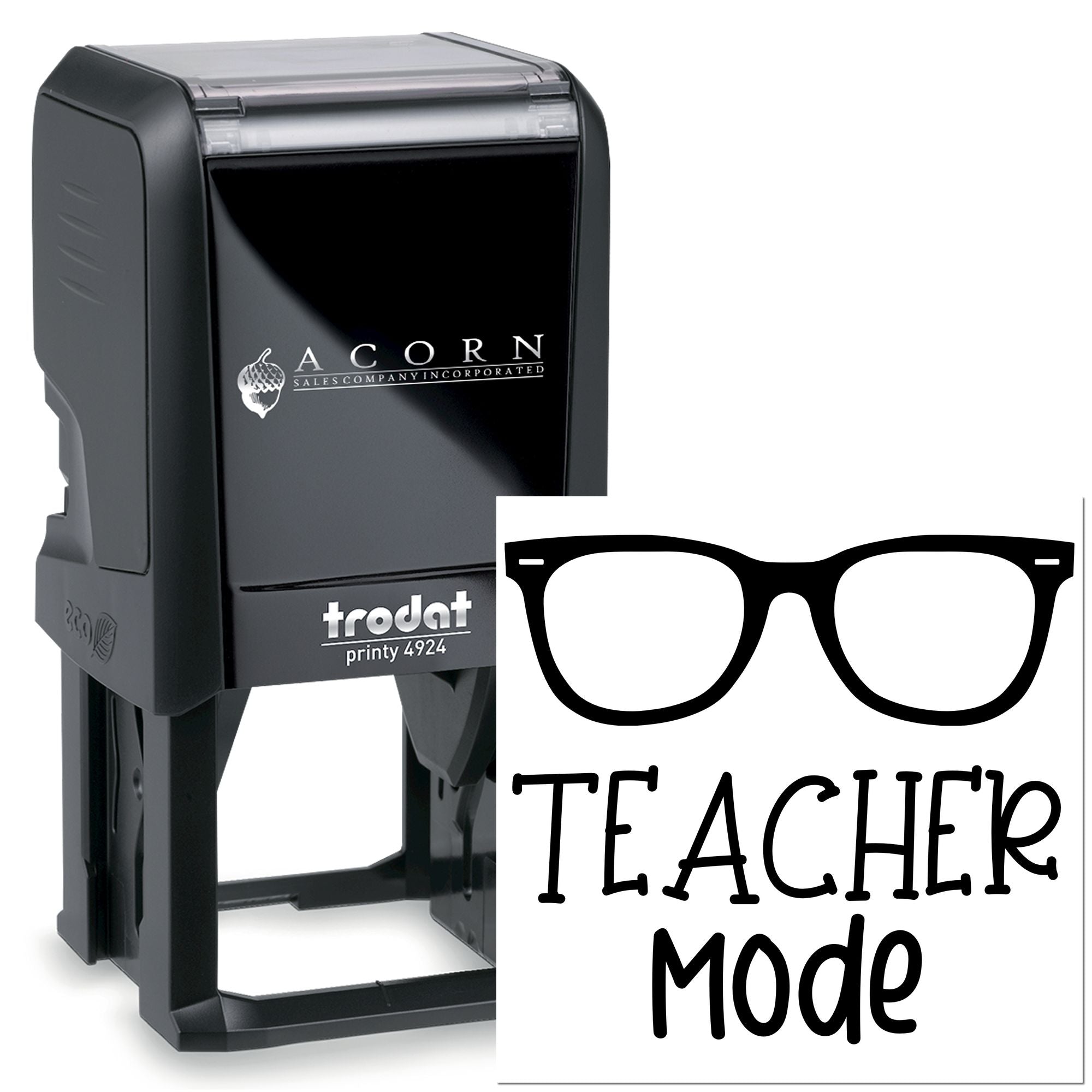 Trodat Printy 4924 self-inking rubber stamp with glasses icon and Teacher Mode imprint for classroom use.