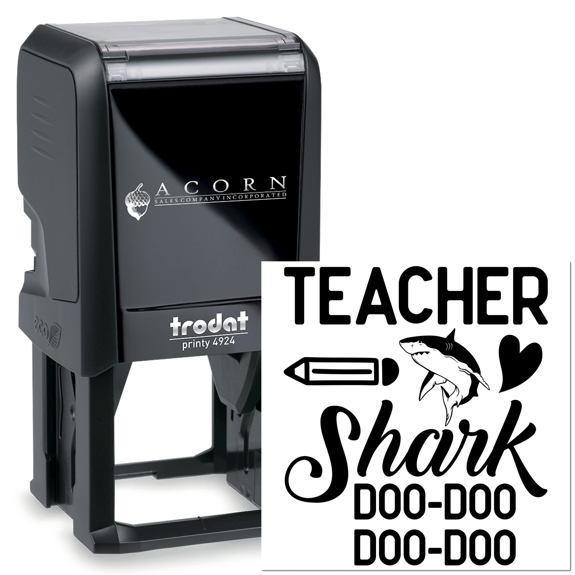 Custom self-inking teacher rubber stamp with shark design and name lines, Trodat Printy 4924.