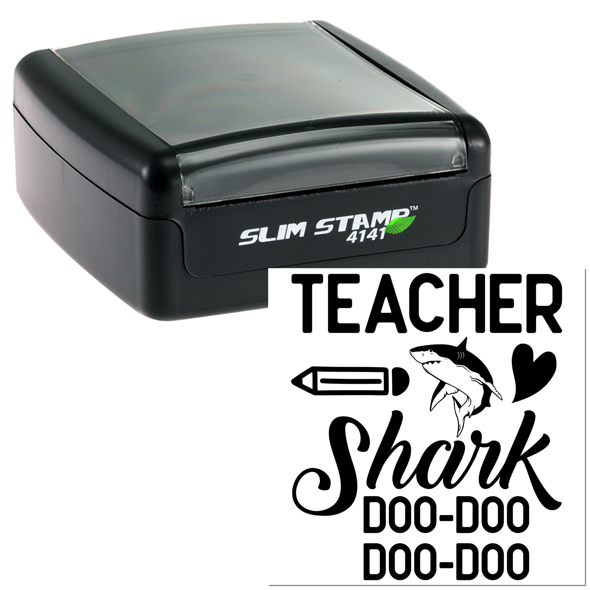 Slim self-inking teacher rubber stamp with shark design and custom name/address imprint for personalized classroom use.