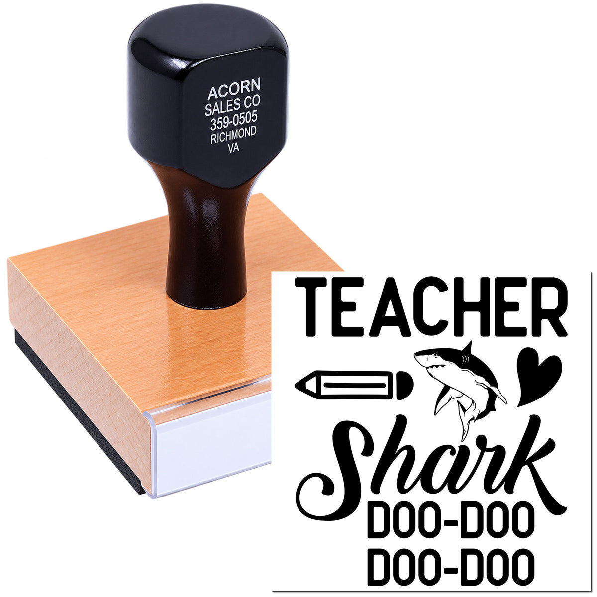 Teacher shark custom rubber stamp with pencil and heart design for grading papers, classroom crafts, and scrapbooking.