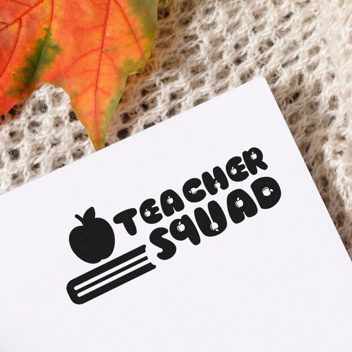 Teacher Squad rubber stamp with apple and pencil, perfect for classroom crafts, teacher gifts, and school projects.