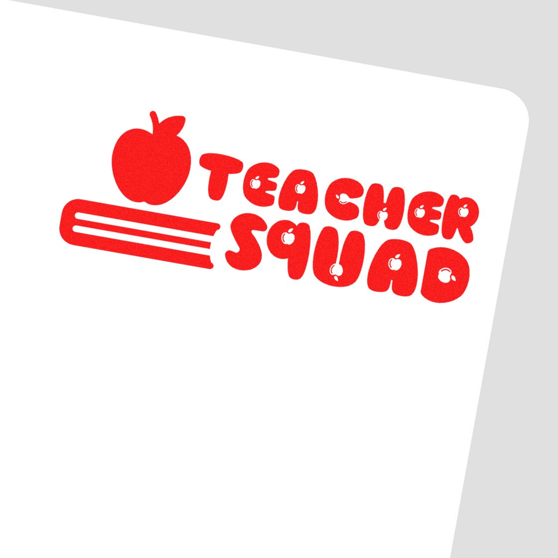 Red Teacher Squad rubber stamp design with apple and book icon for classroom rewards, teacher gifts, and school crafts.