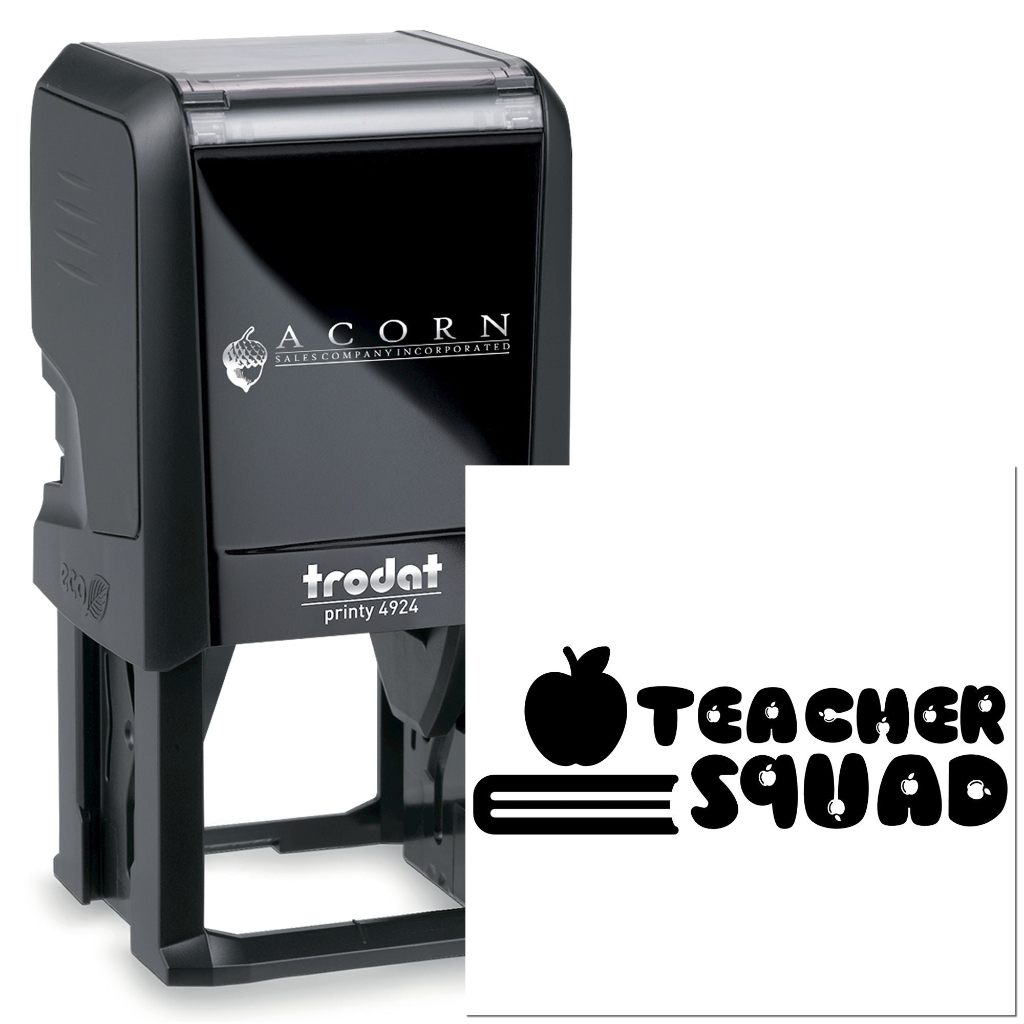 Self-inking rubber stamp with Teacher Squad apple design, Trodat Printy 4924, ideal for classroom use.