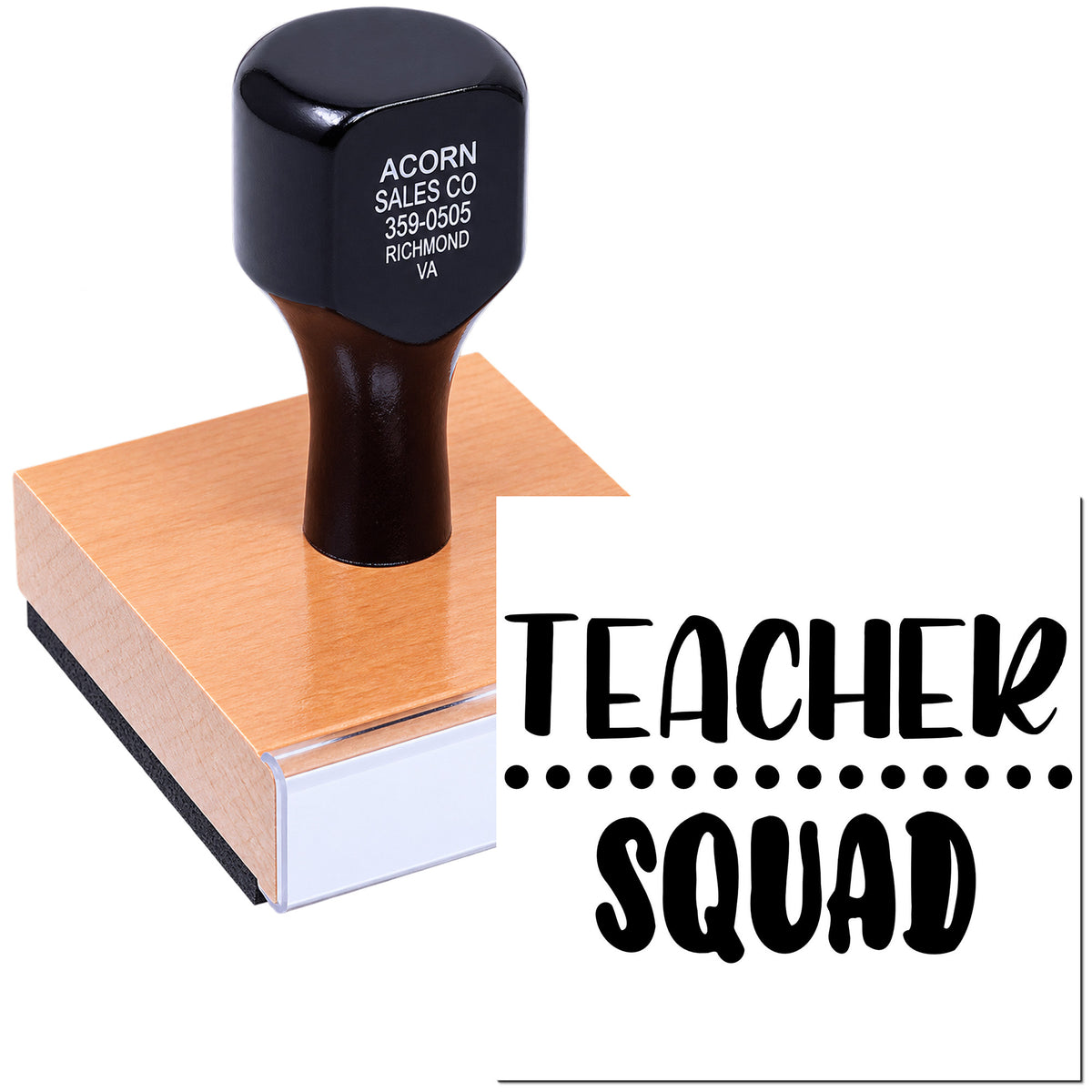 Custom teacher rubber stamp with Teacher Squad design for classroom rewards, grading, and school supplies.