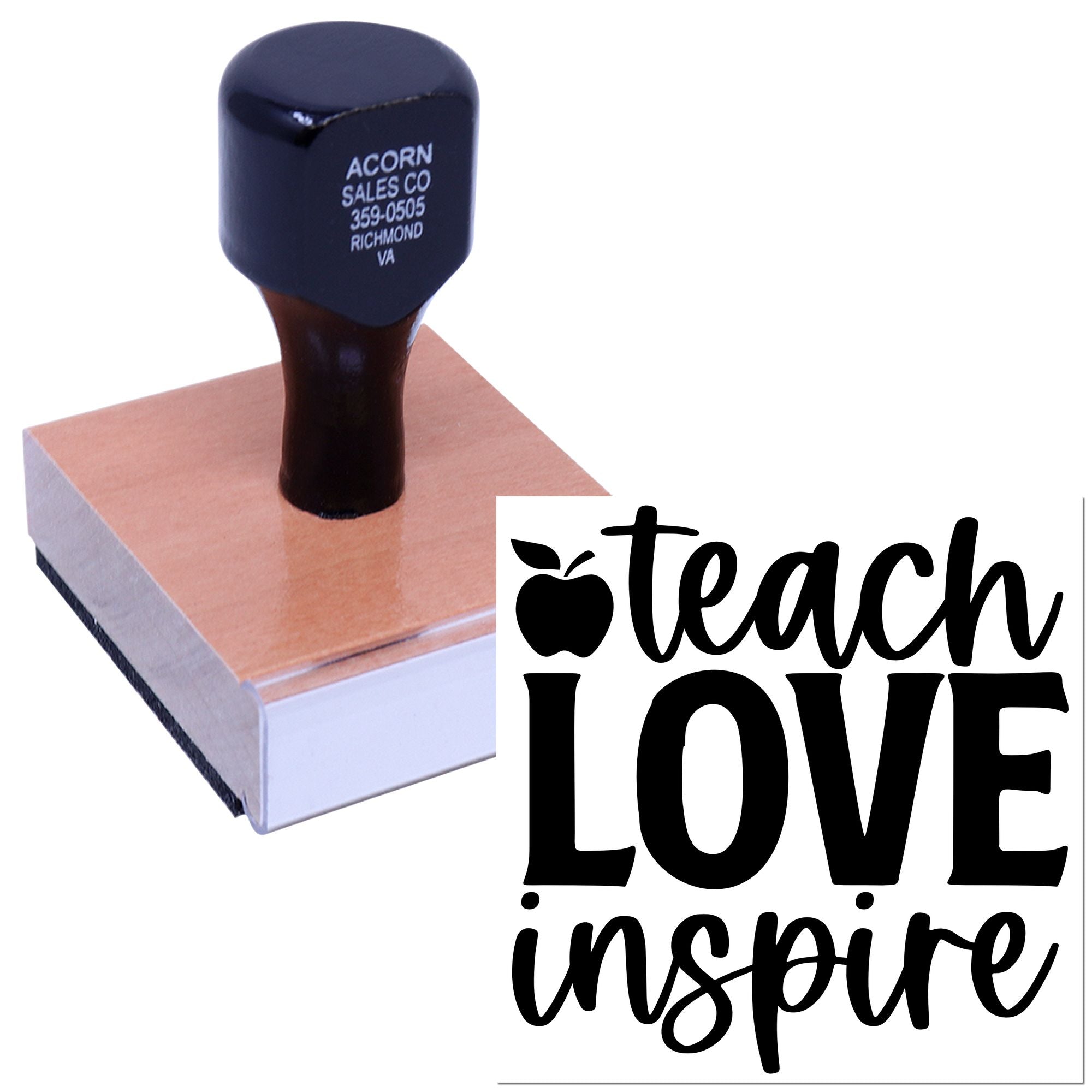 Custom teacher rubber stamp with Teach Love Inspire design for classroom crafts, cards, and educational projects