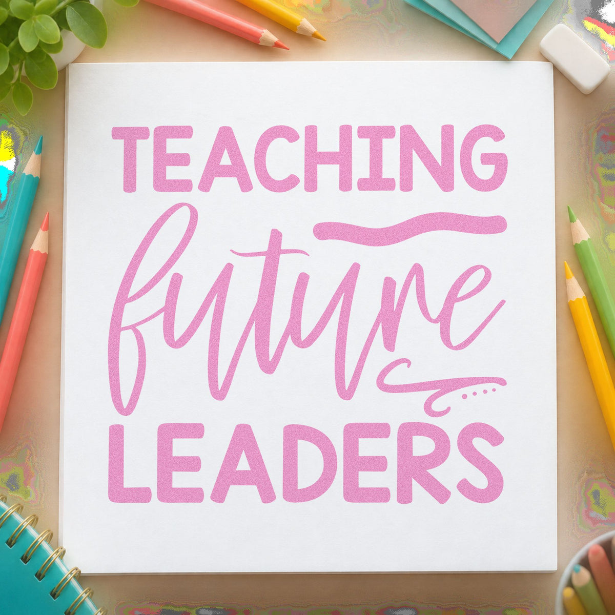 Teaching Future Leaders Script craft stamp in purple ink on cardstock, an easy option for prefect badge tags.