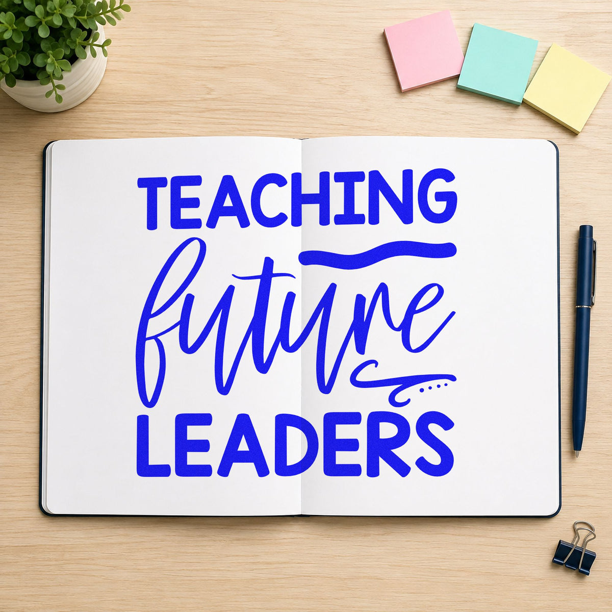 Teaching Future Leaders Script craft stamp imprinted in blue ink on paper, a design suited to council pack seals.