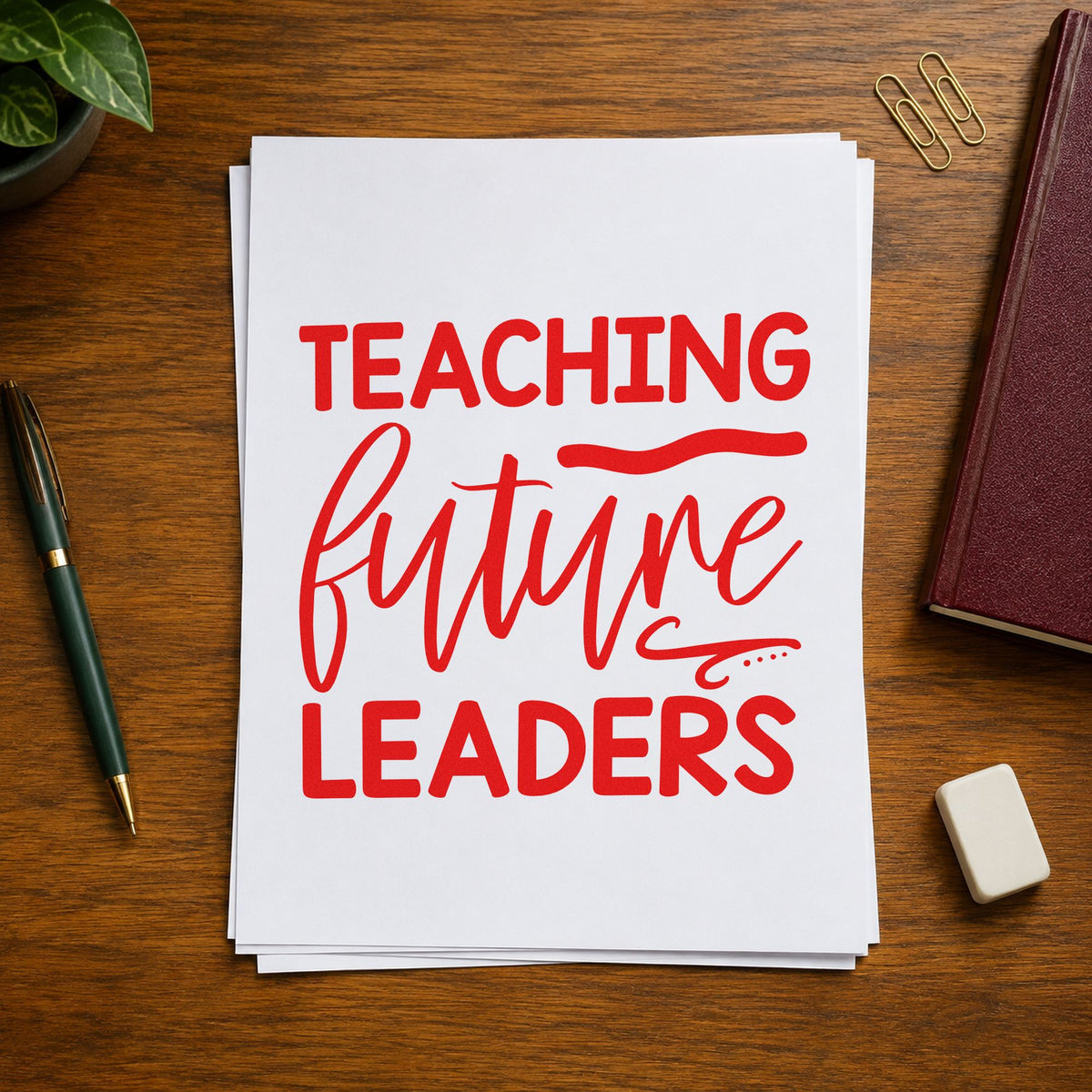 Teaching Future Leaders Script rubber stamp shown in red ink, stamped for projects such as handover day notes.
