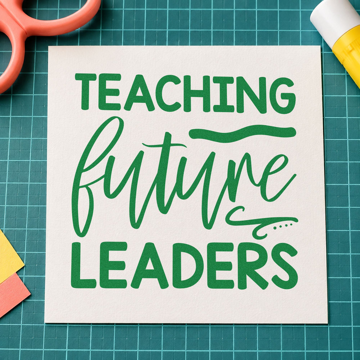 Teaching Future Leaders Script craft stamp imprint in green ink on a handmade project, one idea being framed council room.