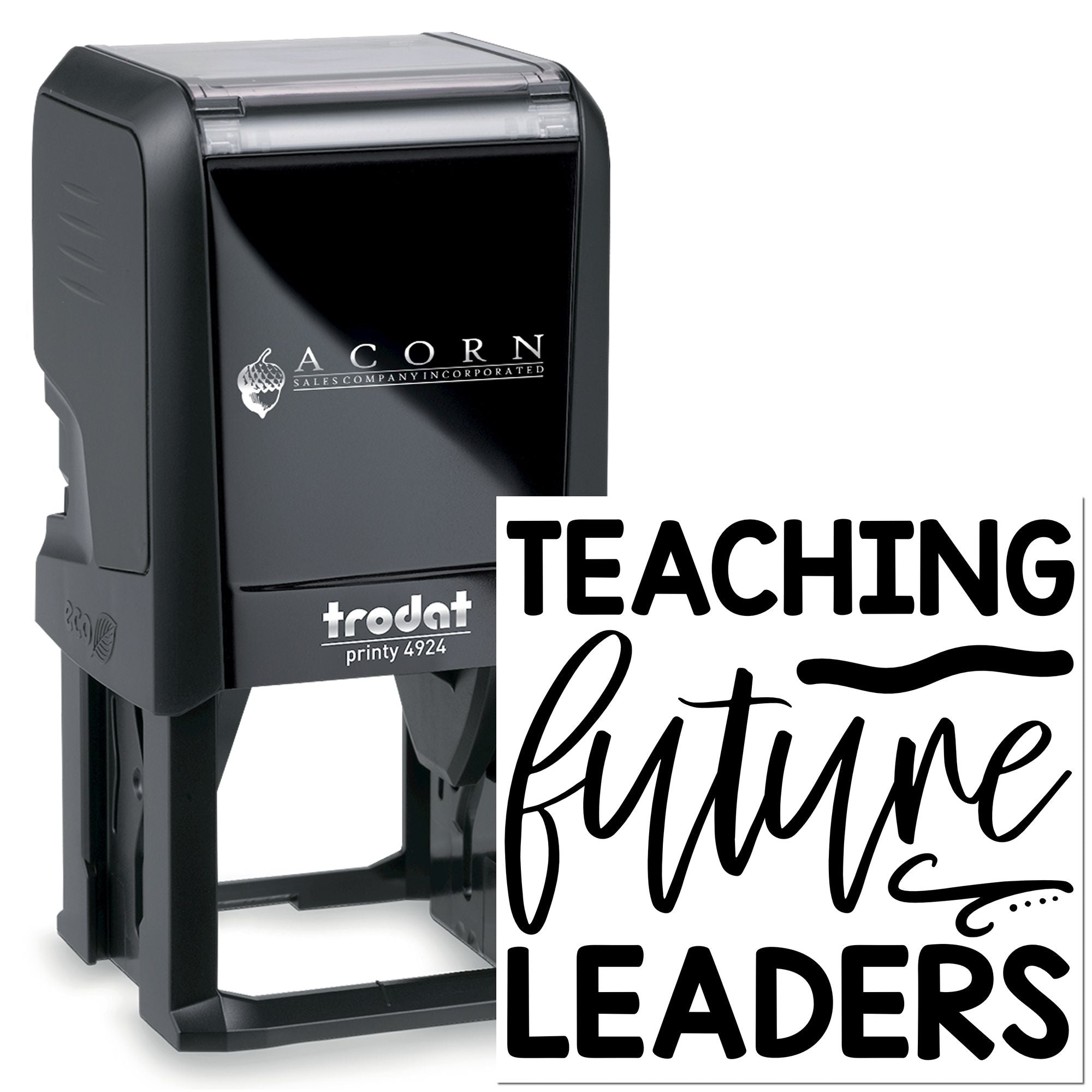 Custom self-inking rubber stamp for teachers reading Teaching Future Leaders, Trodat Printy 4924.