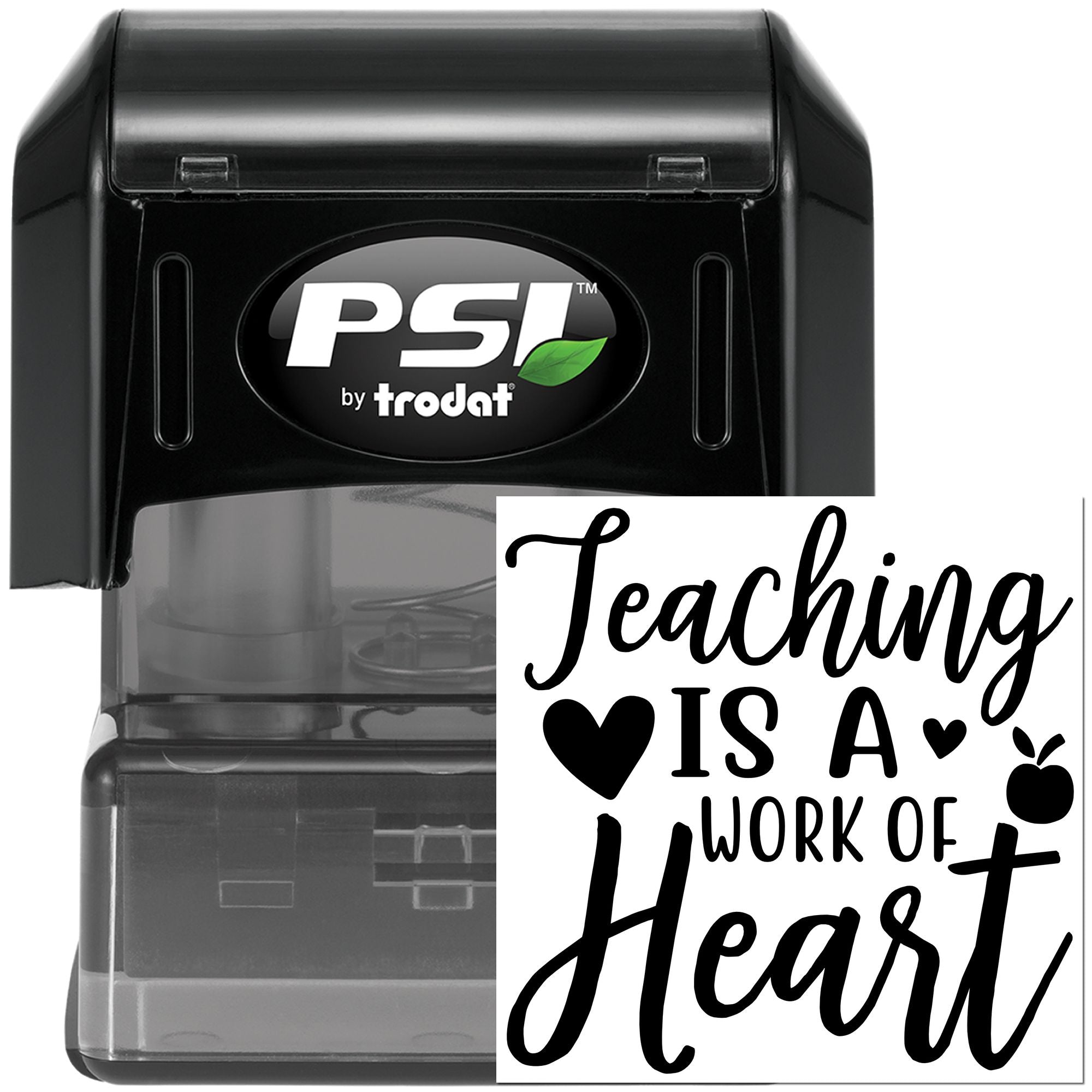 Self-inking rubber stamp with Teaching Is a Work of Heart design, perfect for teacher classroom rewards and crafts.