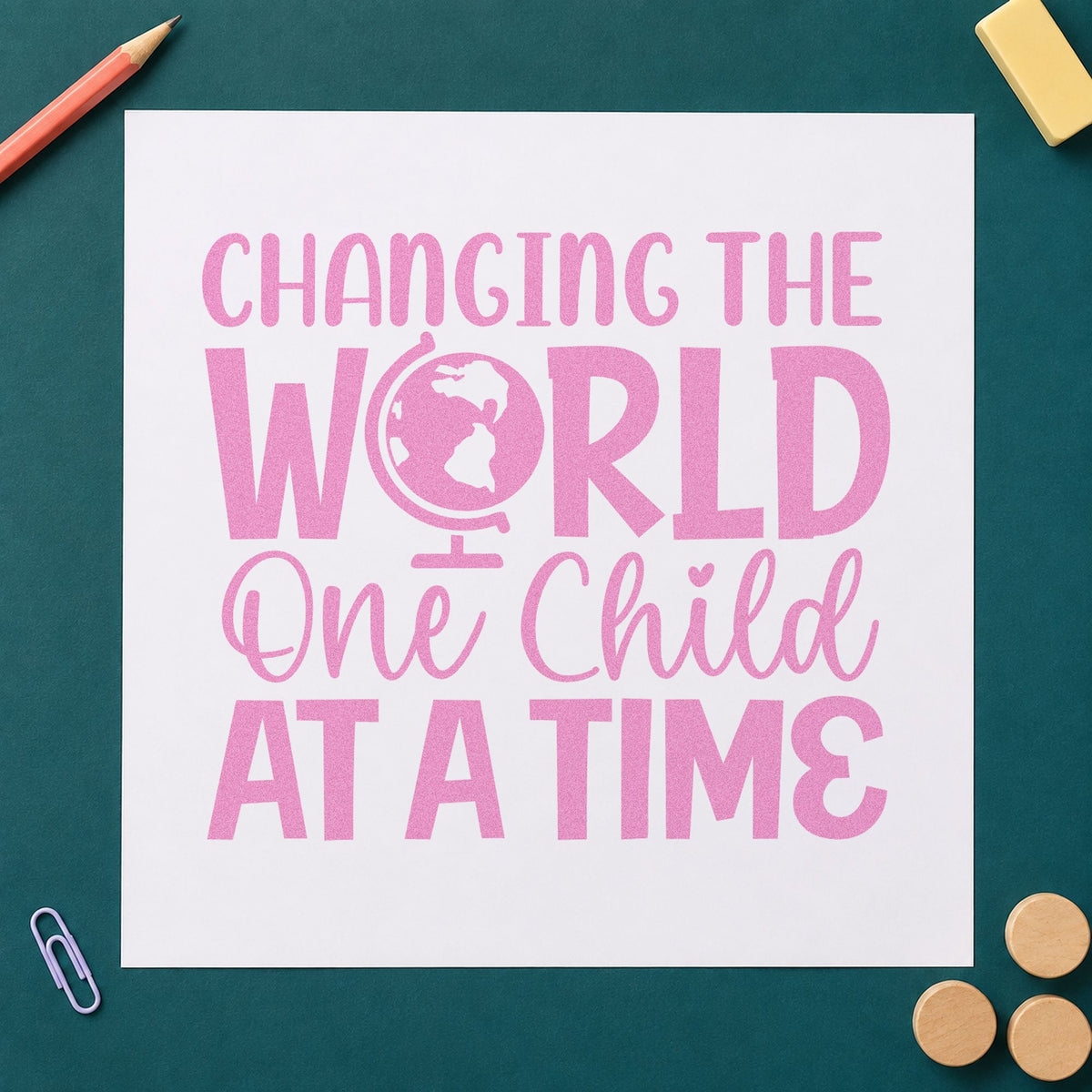 Changing World One Child craft stamp in purple ink on cardstock, an easy option for sponsor gift tags.