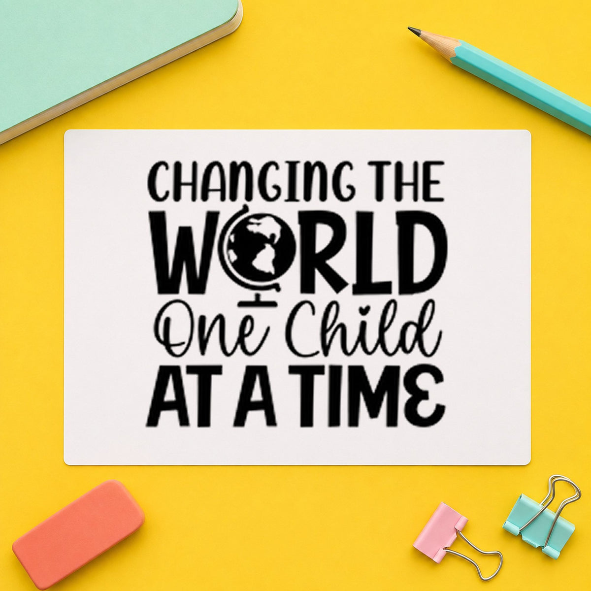 Changing World One Child rubber stamp printed in black ink, ready for one child cards and similar paper crafts.