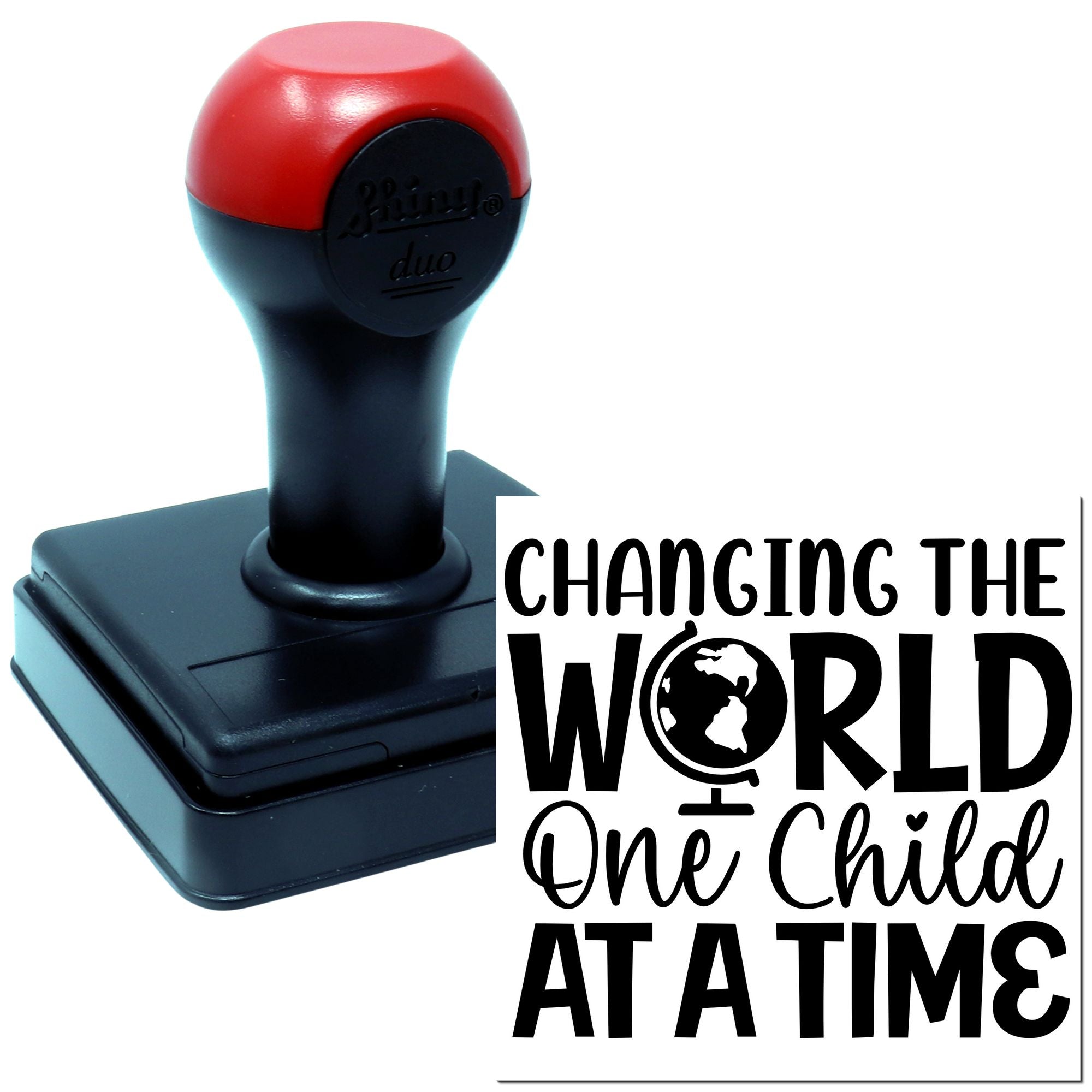 Self-inking rubber stamp with Changing the World One Child at a Time custom imprint for schools, nonprofits, and gifts.