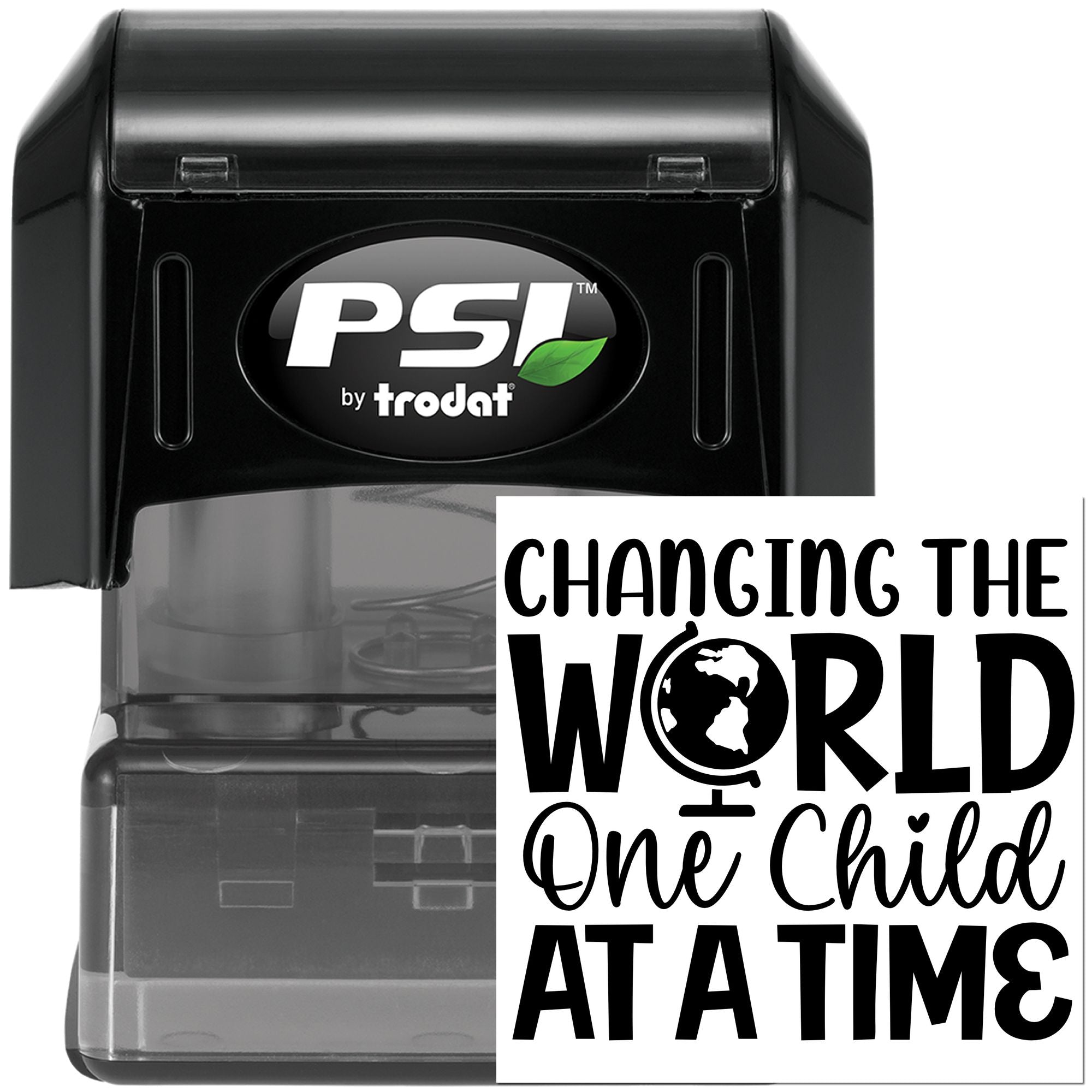 Custom self-inking rubber stamp by PSI Trodat with Changing the World One Child at a Time message.