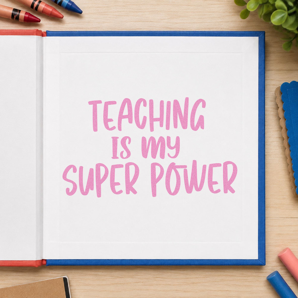 Teaching Is My Super Power craft stamp in purple ink on cardstock, an easy option for doodle club tags.