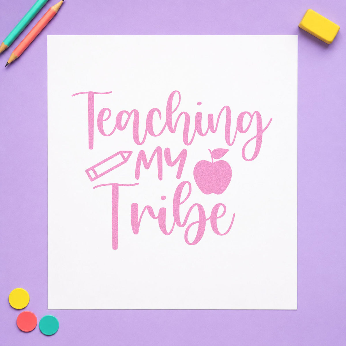 Teaching My Tribe Icons craft stamp in purple ink on cardstock, an easy option for form group tags.