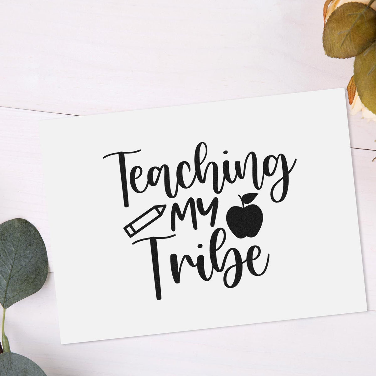 Teaching My Tribe rubber stamp design with pencil and apple icon for teachers and classroom crafts.