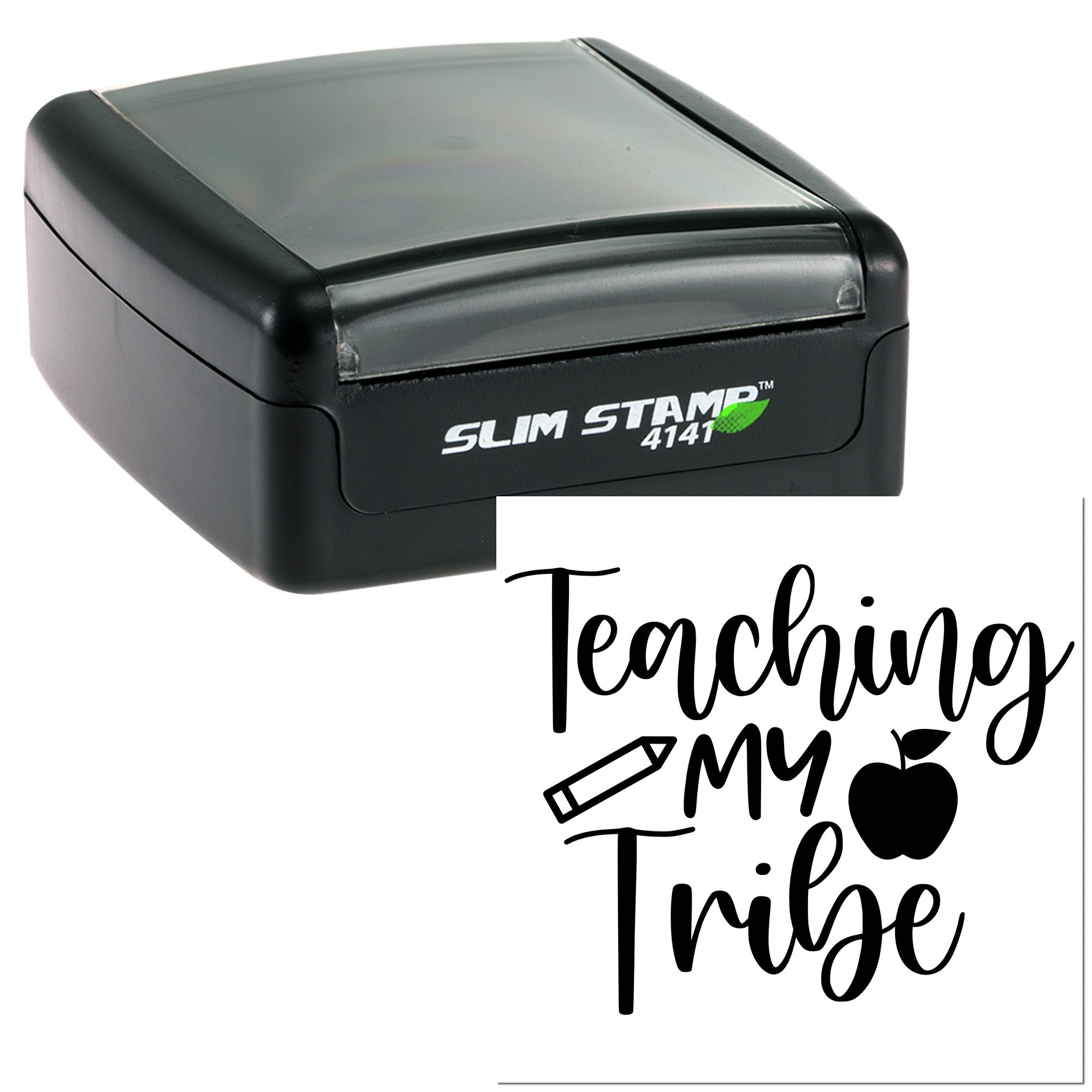 Self-inking rubber stamp with Teaching My Tribe teacher design, pencil icon and apple graphic for classroom use