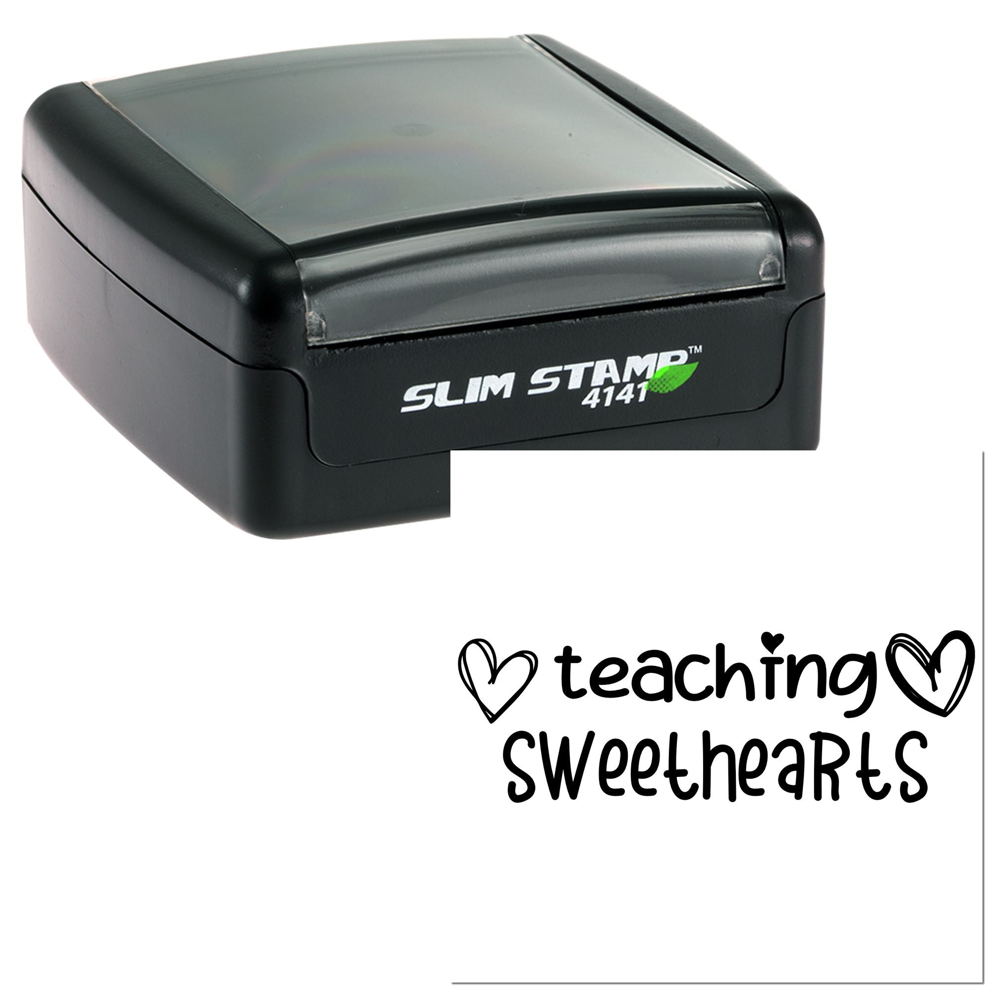 Slim Stamp 4141 self-inking rubber stamp with teaching sweethearts design for teacher appreciation and classroom use.