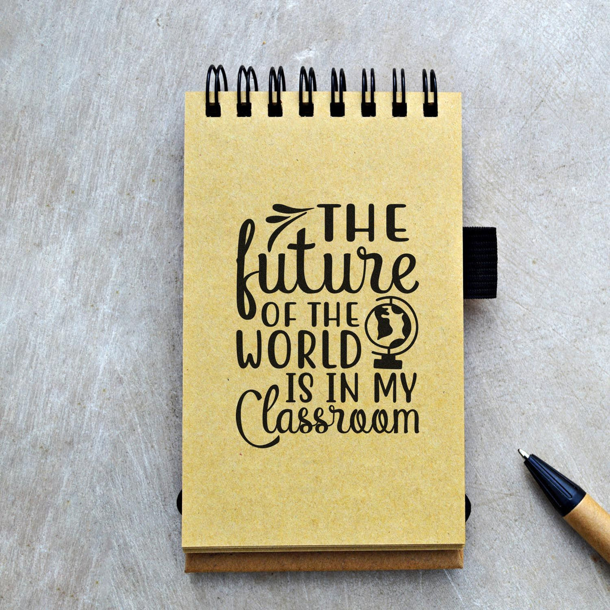 Teacher rubber stamp with quote The future of the world is in my classroom and globe icon for classroom inspiration.
