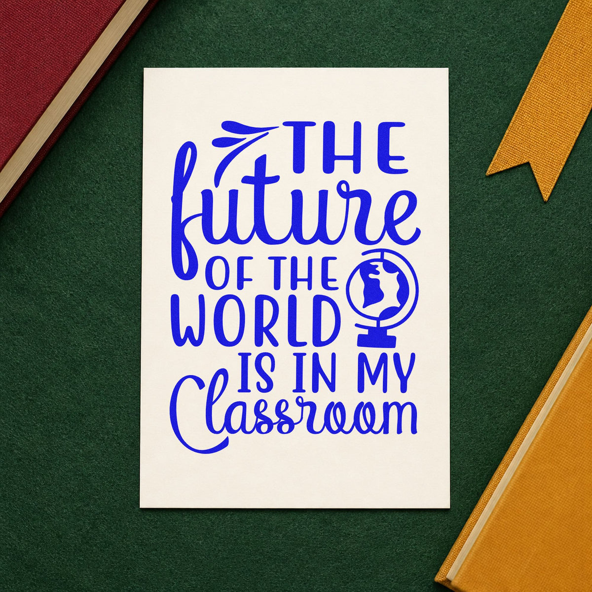 Future World My Classroom craft stamp imprinted in blue ink on paper, a design suited to recipe swap seals.