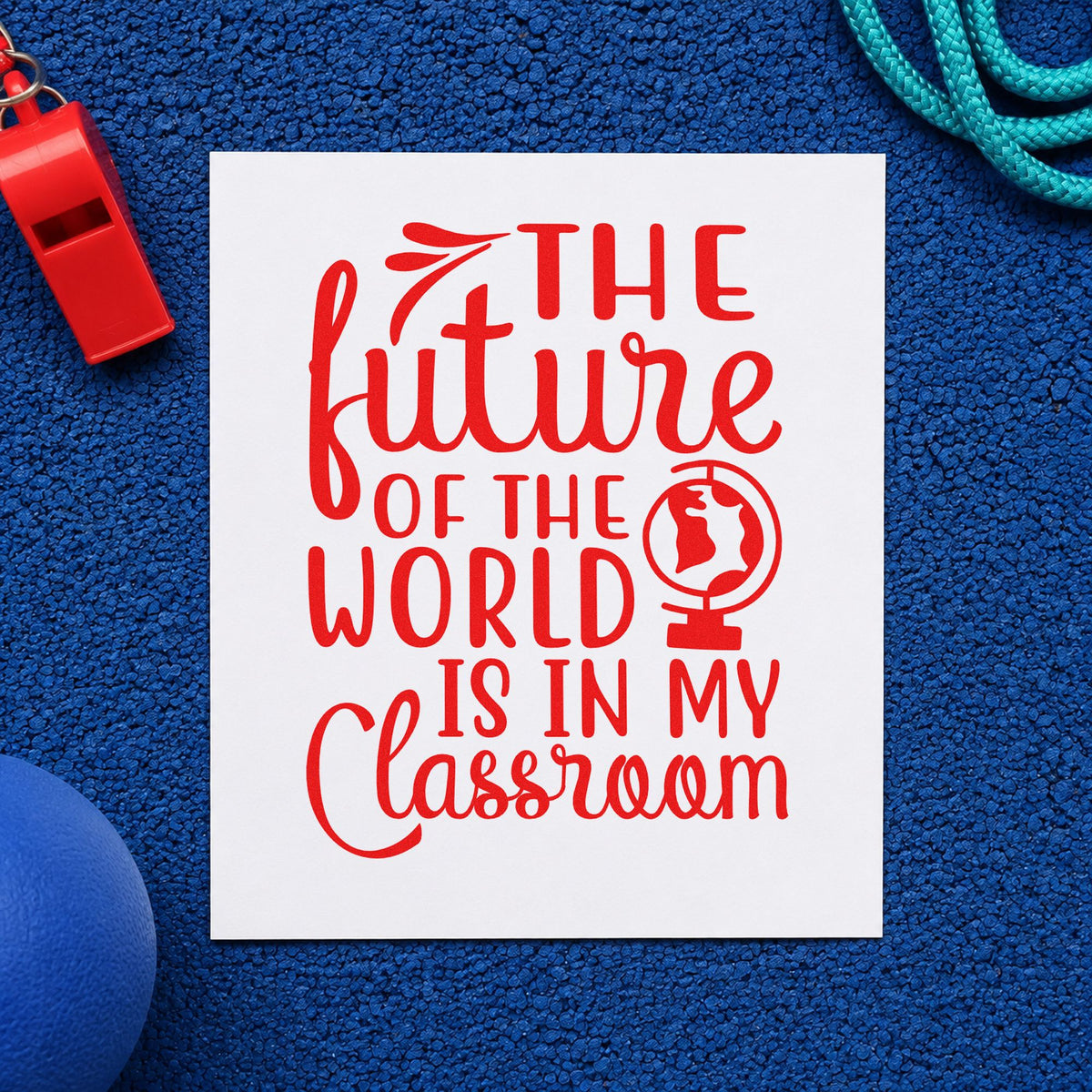 Future World My Classroom rubber stamp shown in red ink, stamped for projects such as heritage week notes.