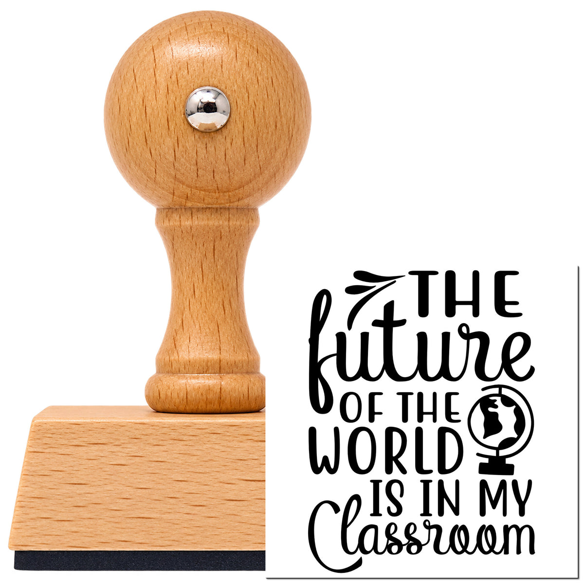 Future World My Classroom Vintage Pro rubber stamp in European beech wood with a round knob handle, shown beside its black imprint.